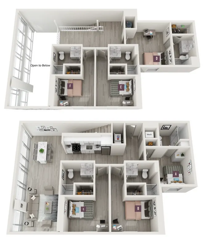 Modern duplex floor plan featuring six bedrooms, spacious kitchen, elegant open-concept living area, and multiple bathrooms for optimal comfort.