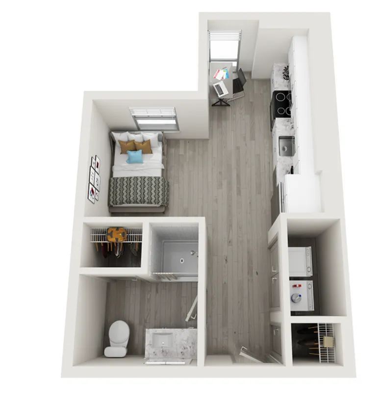 Modern 3D floor plan featuring a cozy bedroom, compact kitchen, practical office nook, and a sleek bathroom with ample closet space.