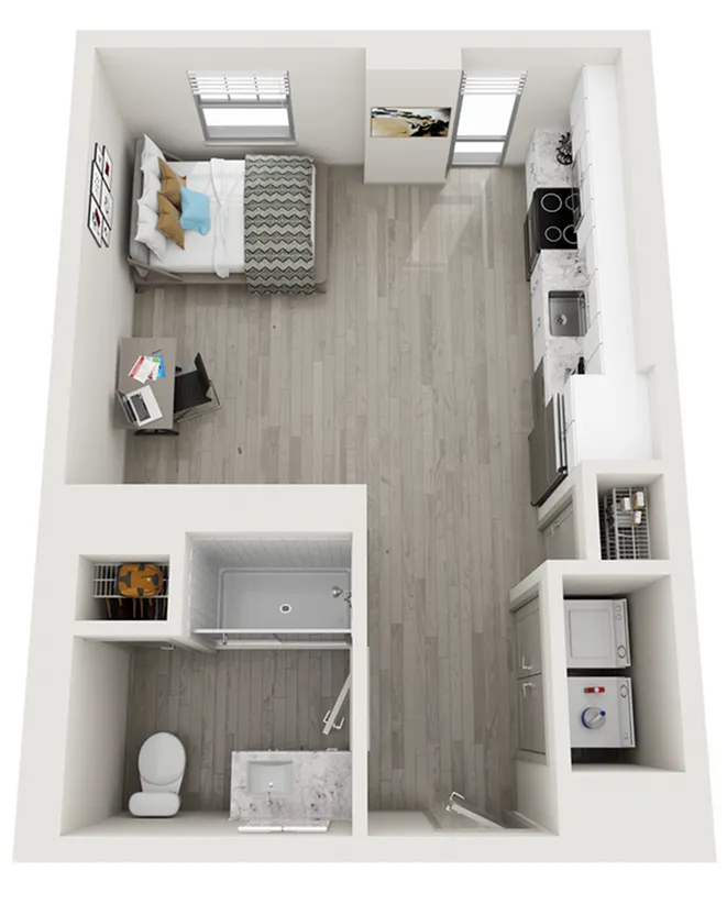 Chic studio apartment floor plan with cozy bedroom nook, modern kitchen, and spacious bathroom, featuring sleek wooden floors and ample natural light.