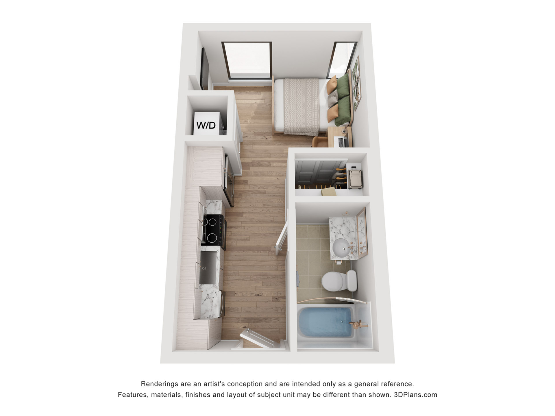 Chic studio apartment floor plan with cozy bedroom, modern kitchen, and elegant bathroom featuring a soaking tub.