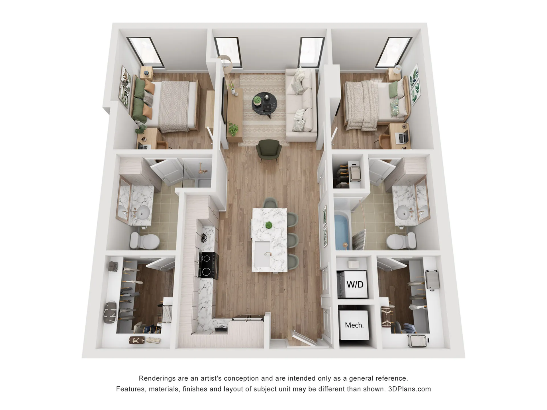 Modern 3D floor plan featuring 2 bedrooms, an inviting open-concept living area, and a sleek kitchen with island counter.