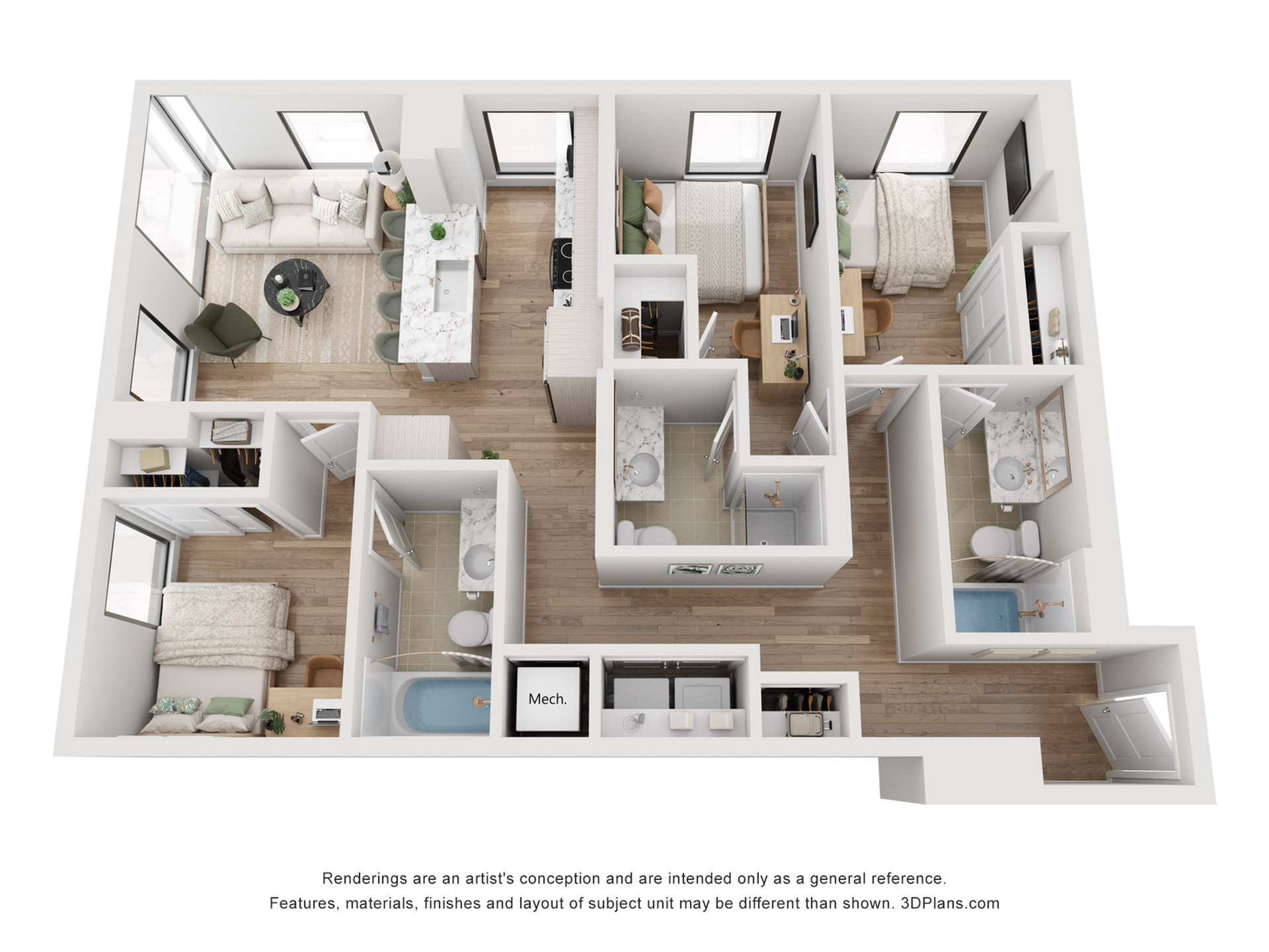 Modern 3D floor plan showcasing a sleek 3-bedroom apartment with an open living and dining area, stylish kitchen, and two contemporary bathrooms.