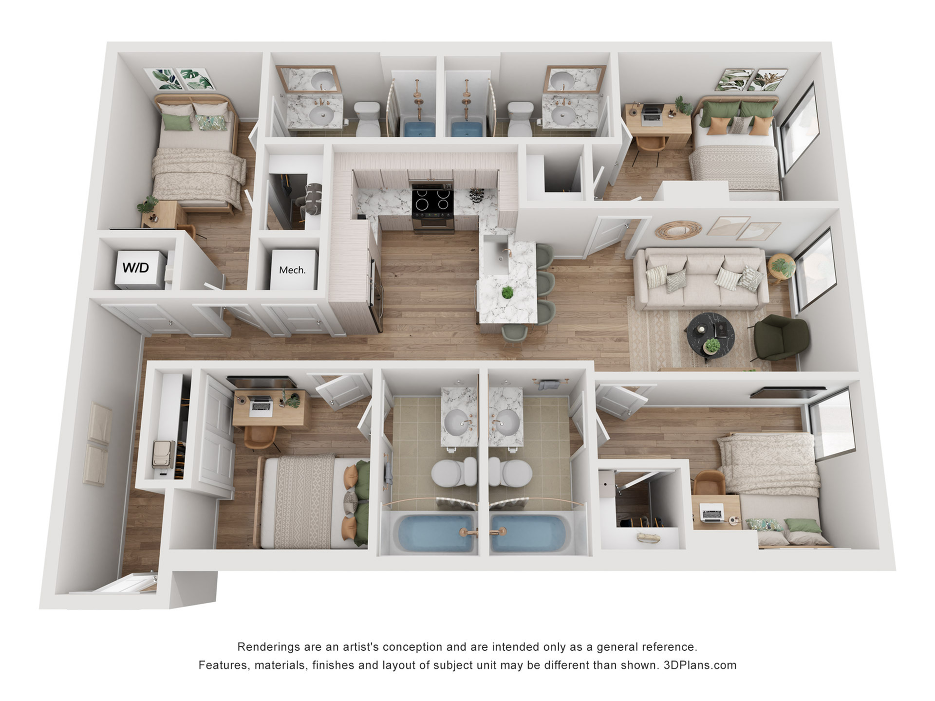 Modern 3D floor plan showcasing 3 bedrooms, 2 luxurious bathrooms, an open-concept kitchen, and a cozy living room with large windows.