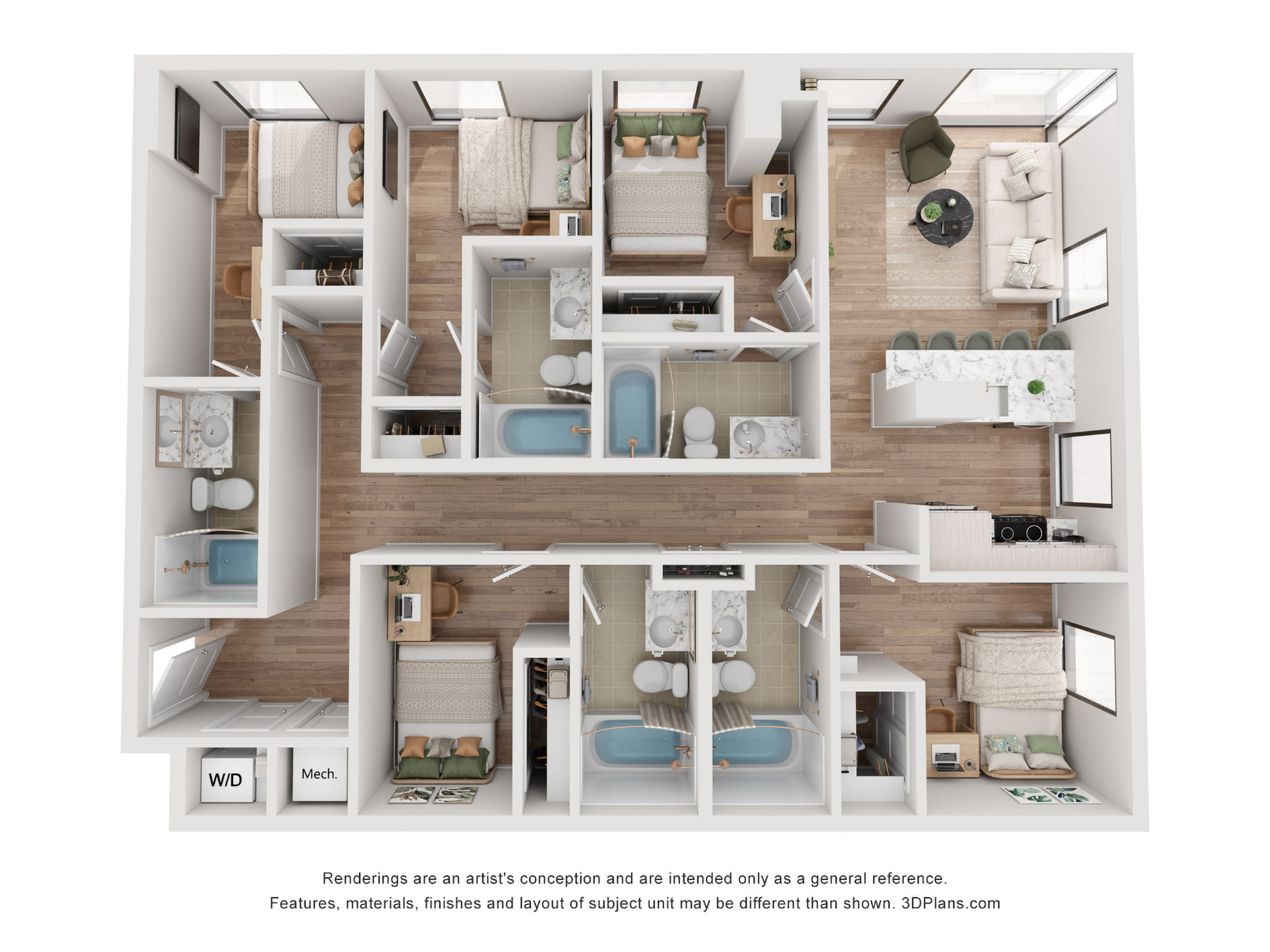 Contemporary 3D floor plan featuring three spacious bedrooms, two modern bathrooms, an open-concept living area with a cozy sofa, and a stylish kitchen with a breakfast bar.