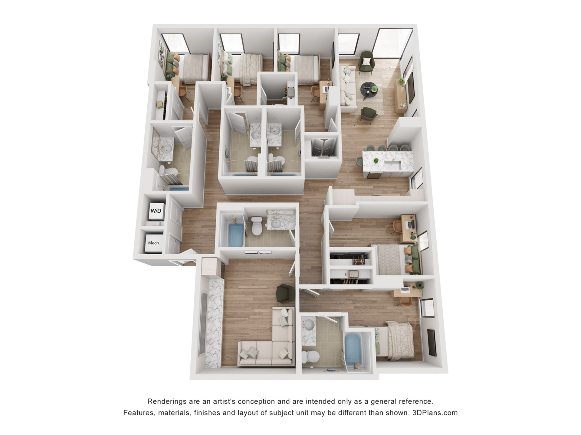 Modern 3D floor plan showcasing 3 bedrooms, stylish kitchen, cozy living area, 2 bathrooms, and a dedicated work space. Ideal for families seeking comfort and convenience.