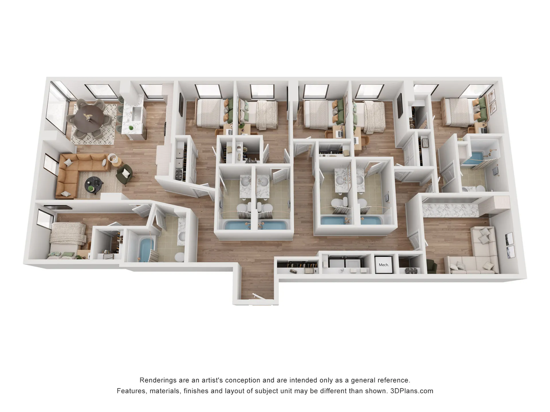 Modern 3D floor plan showcasing 3 spacious bedrooms, an open-concept living room, elegant kitchen, and cozy dining area.