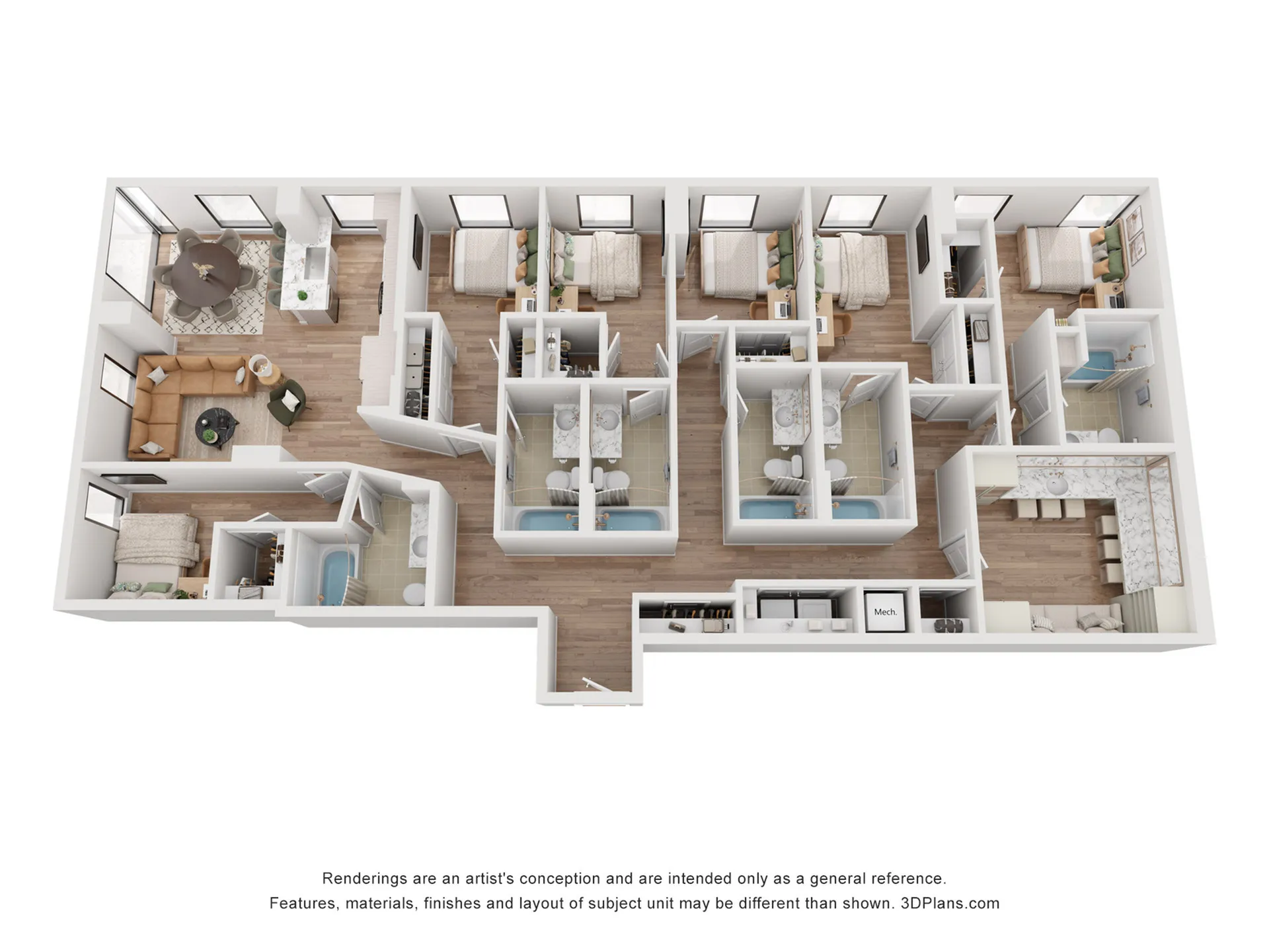 Elegant floor plan showcasing 4 bedrooms, modern kitchen, cozy living room, and stylish dining area, perfect for family living and entertaining.