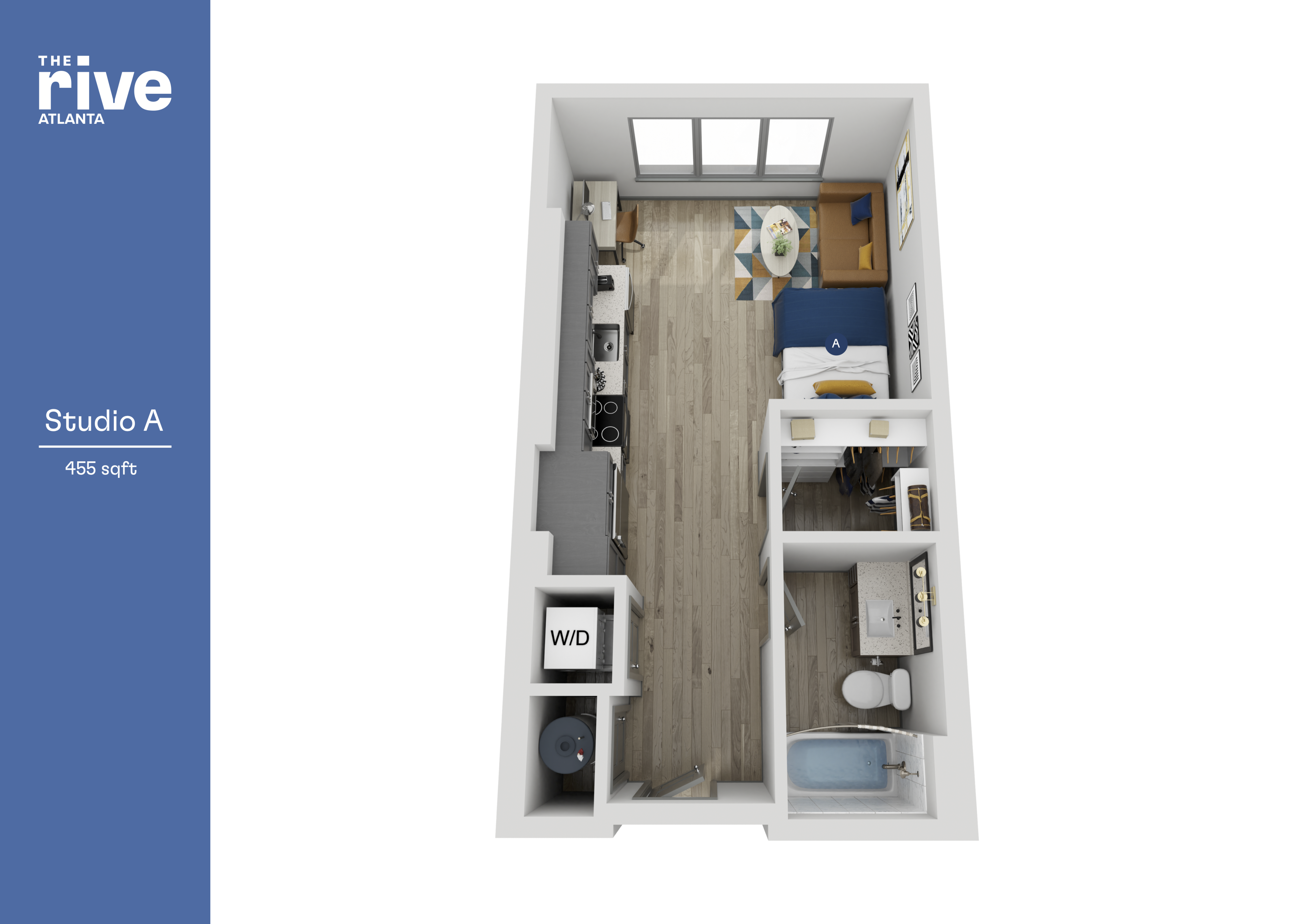 Elegant Studio A floor plan with 455 sq ft, featuring an open living area, sleek kitchen, and modern bathroom.