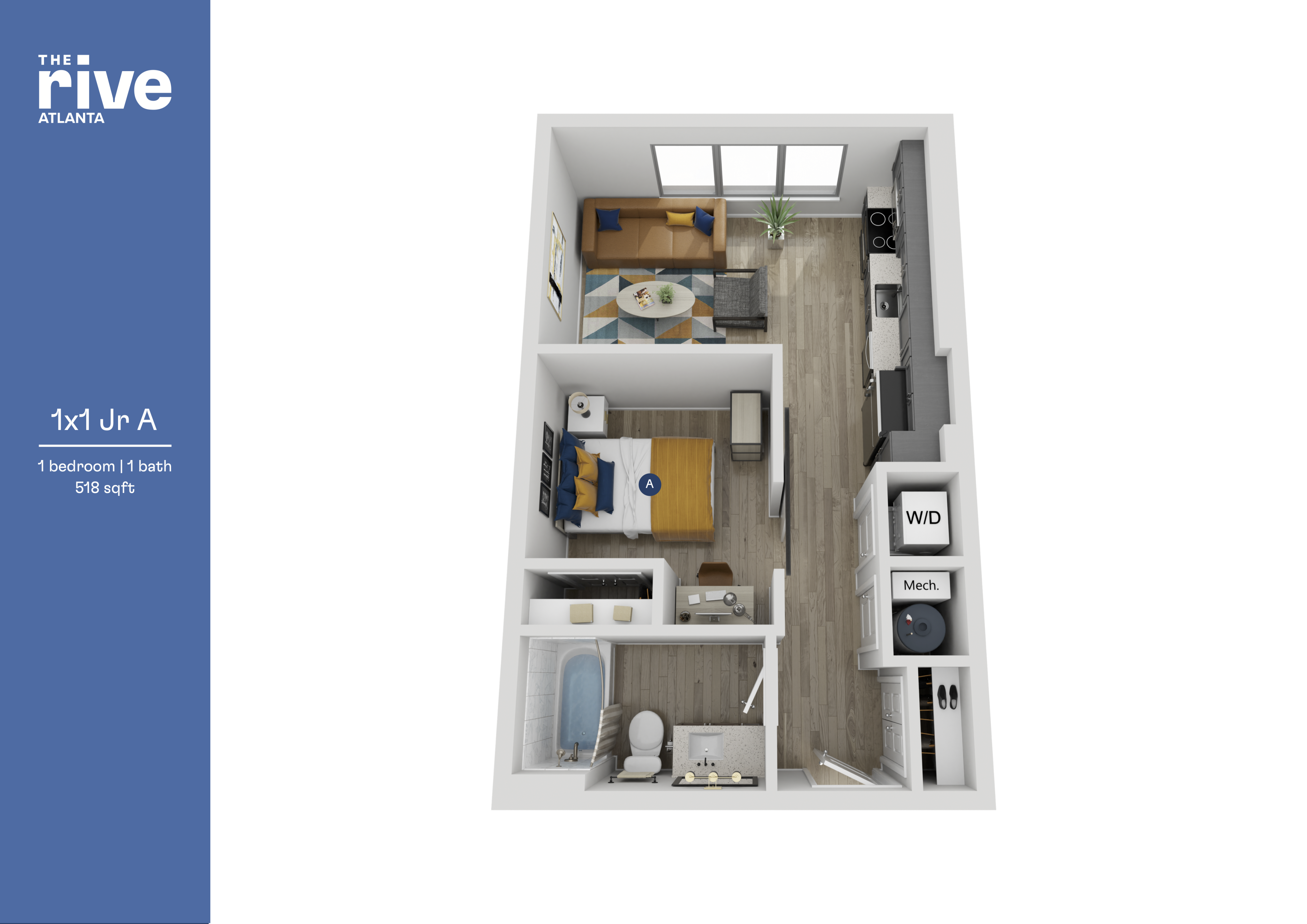 Modern 3D floor plan of The Rive Atlanta featuring 1 bedroom and 1 bath, with open-concept living area and sleek kitchen, spanning 518 sq ft.
