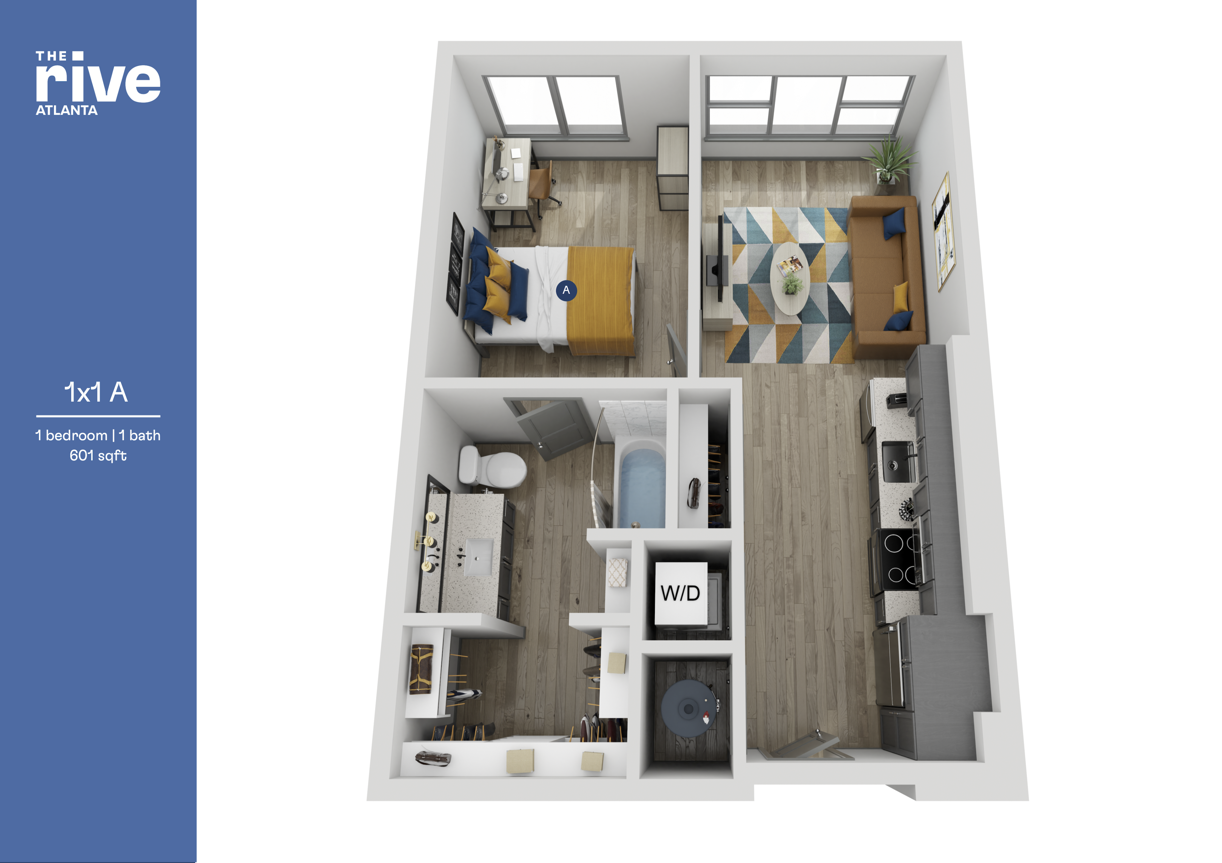 Modern 3D floor plan of a 1-bedroom, 1-bathroom apartment at The Rive Atlanta, showcasing 601 sq ft of stylish living space with an open-concept kitchen and inviting living area.