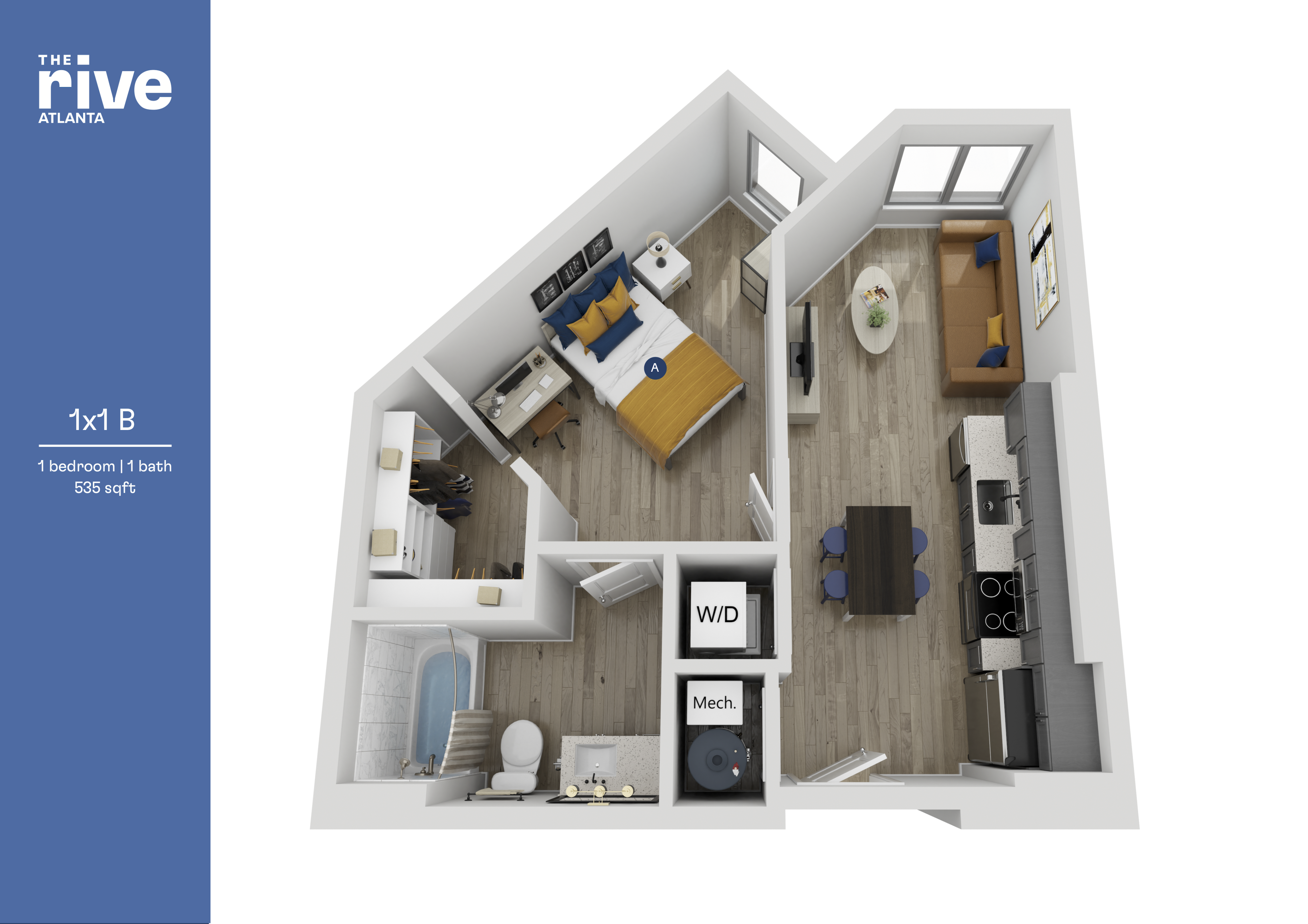 Modern 3D floor plan of a 1-bedroom, 1-bath apartment with open living space, dining area, and kitchen, spanning 535 sq ft at The Rive, Atlanta.
