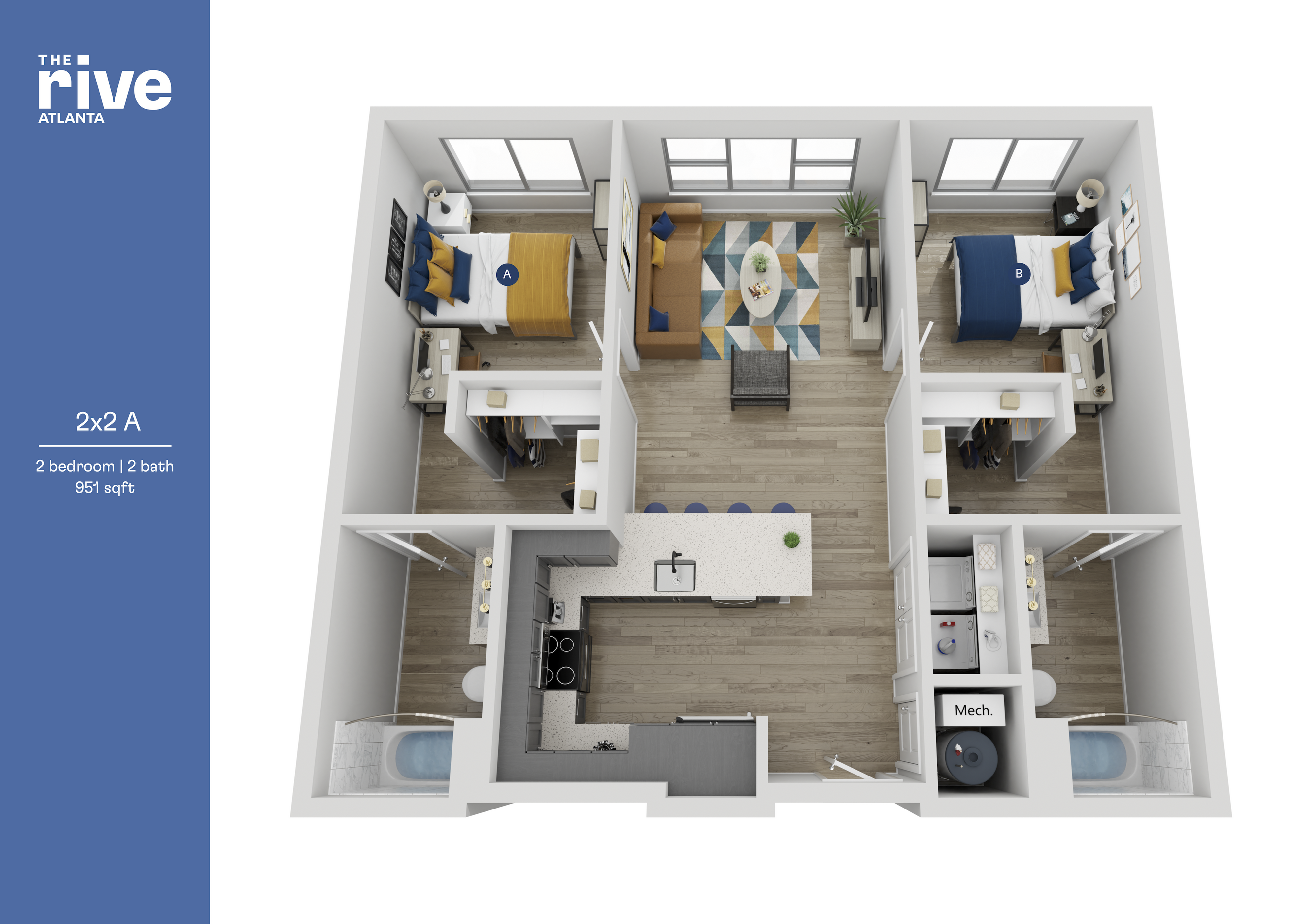 Contemporary 2D floor plan of The Rive Atlanta, showcasing 2 bedrooms and 2 baths in 951 sq ft with an open-concept living room and modern kitchen design.