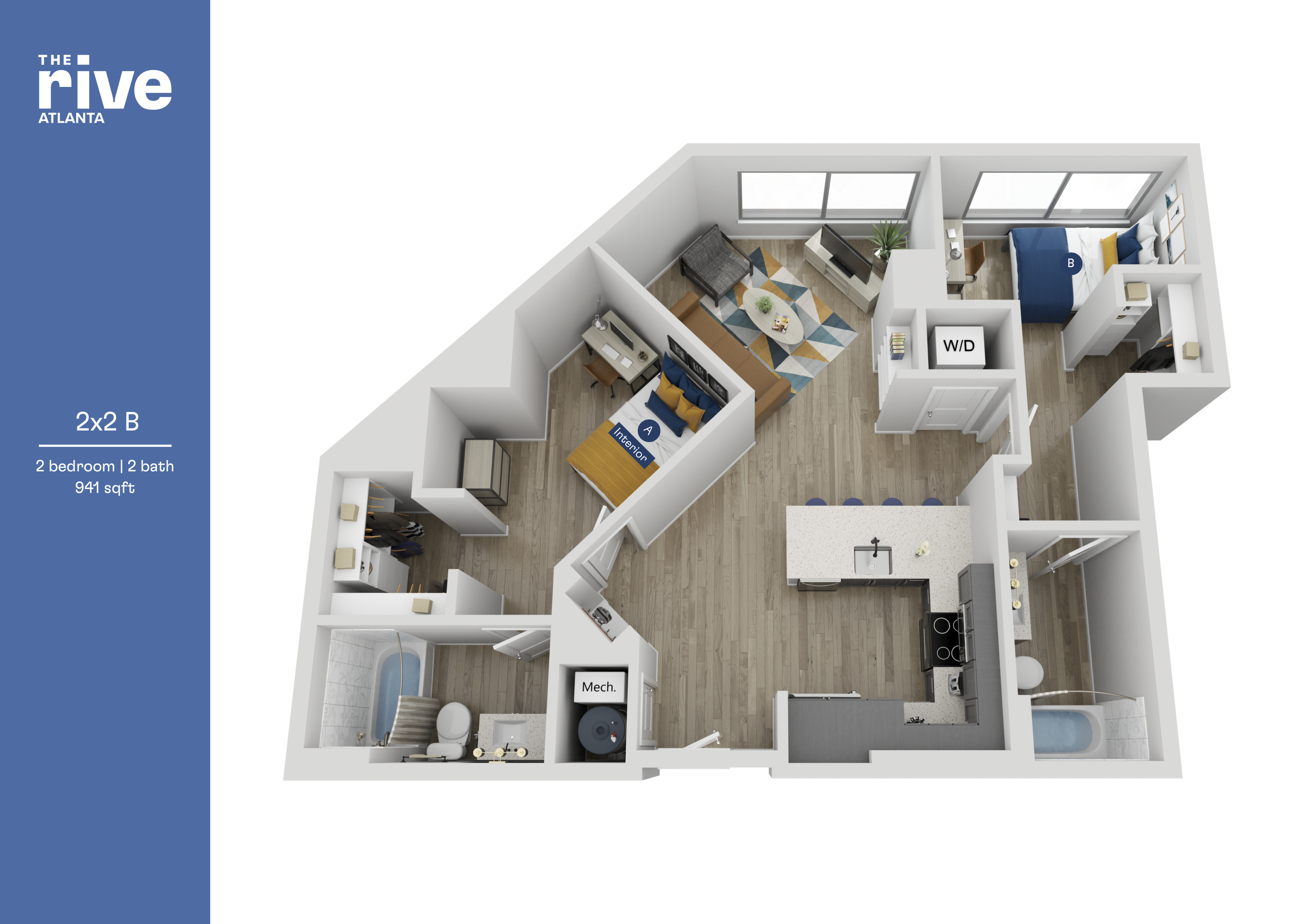 Sophisticated 3D floor plan of 941 sq ft apartment at The Rive, Atlanta, showcasing 2 bedrooms, 2 bathrooms, stylish living area, and modern kitchen.