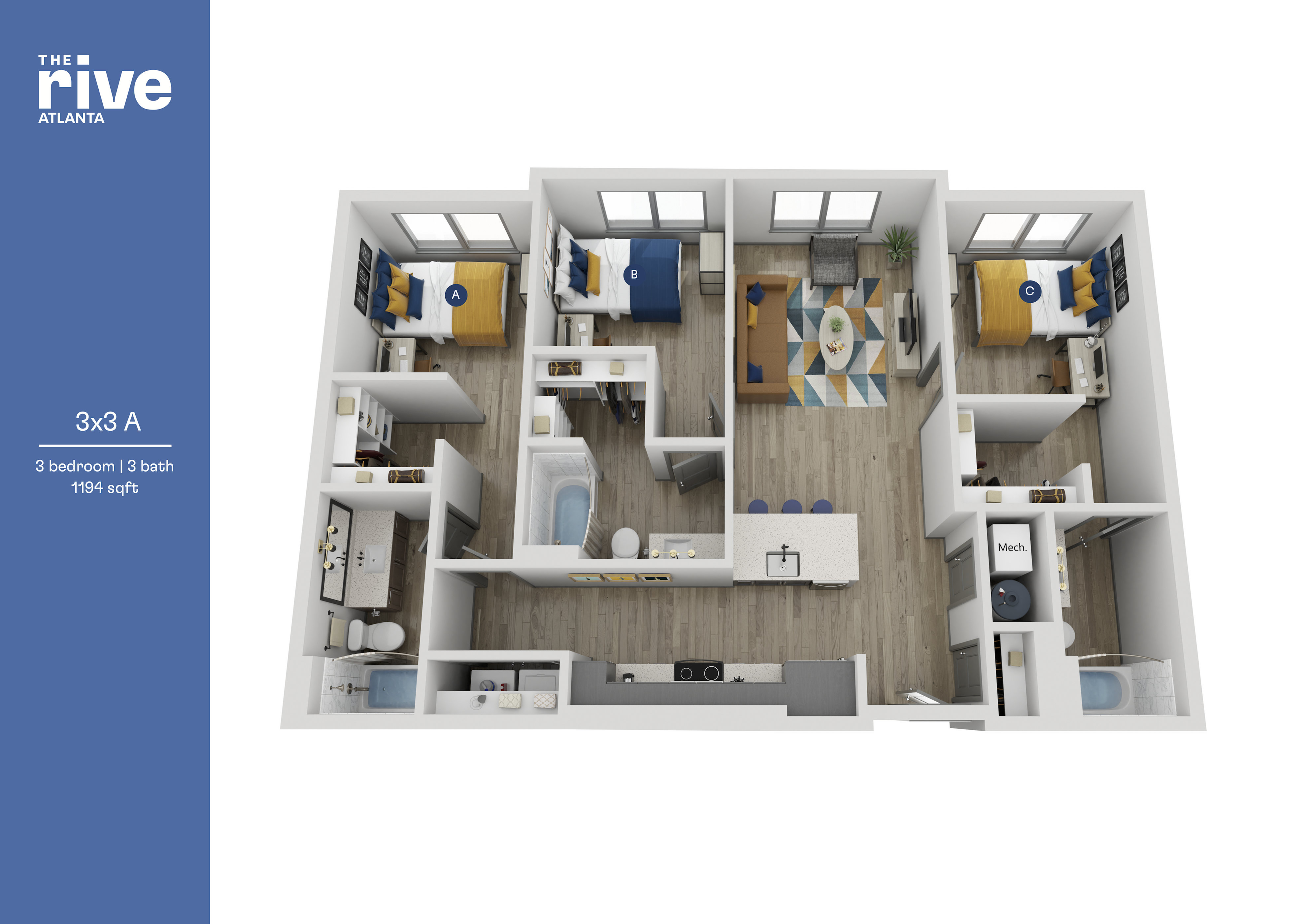 Modern 3D floor plan showcasing 3 bedrooms, 3 baths, and a stylish open-concept living area in Atlanta, 1194 sq ft.