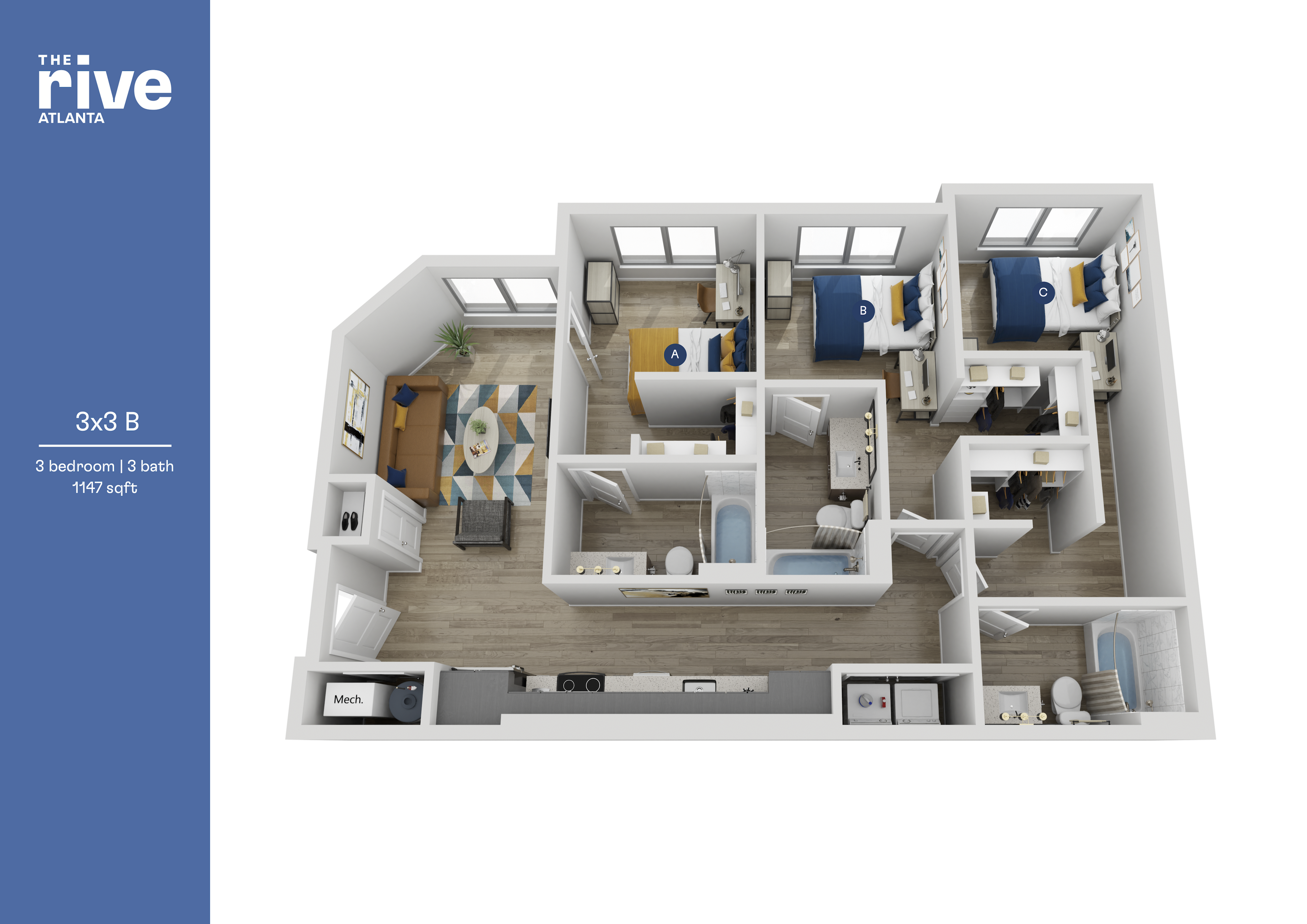 Modern 3D floor plan showcasing a 3 bedroom, 3 bathroom layout with open living area and stylish decor, spanning 1147 sqft in Atlanta's vibrant living space.
