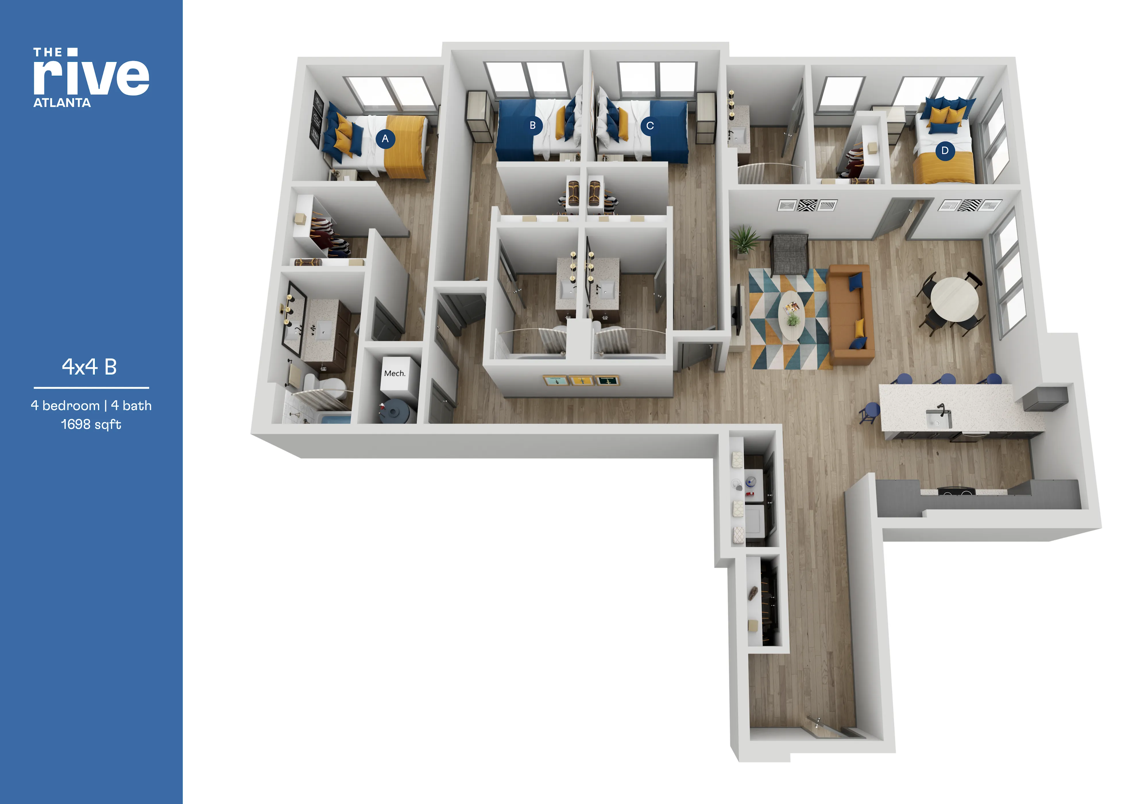 Modern 3D floor plan showcasing a 4-bedroom, 4-bath apartment with a spacious open-concept living area and contemporary kitchen in The Rive, Atlanta, 1698 sq ft.