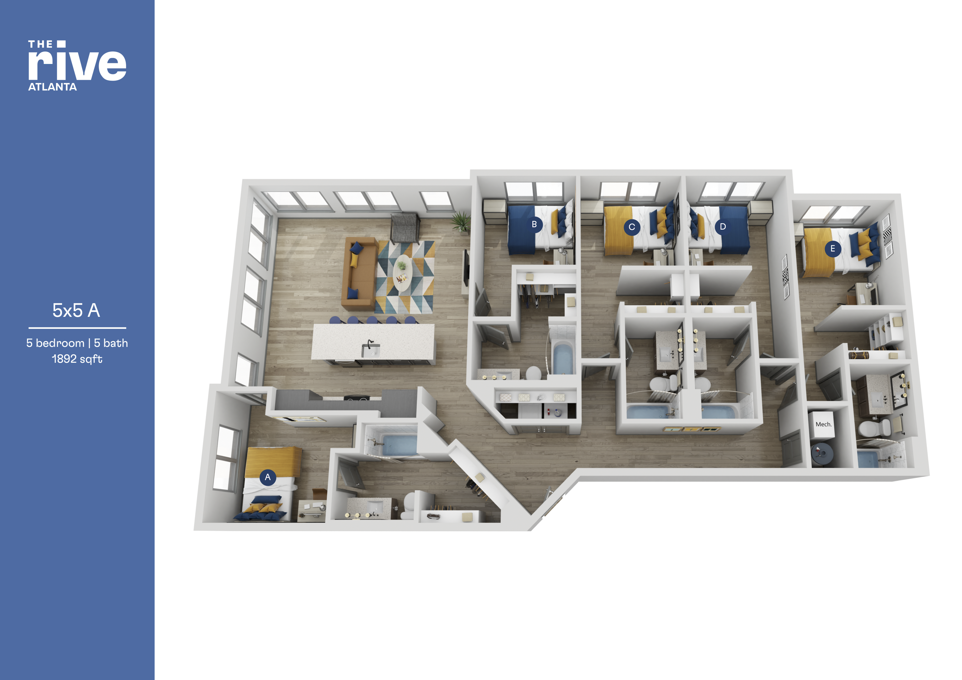 Modern 3D floor plan of The Rive Atlanta's 5x5 A layout showcasing 5 bedrooms, 5 bathrooms, a stylish living room, and open kitchen, spanning 1892 sqft.
