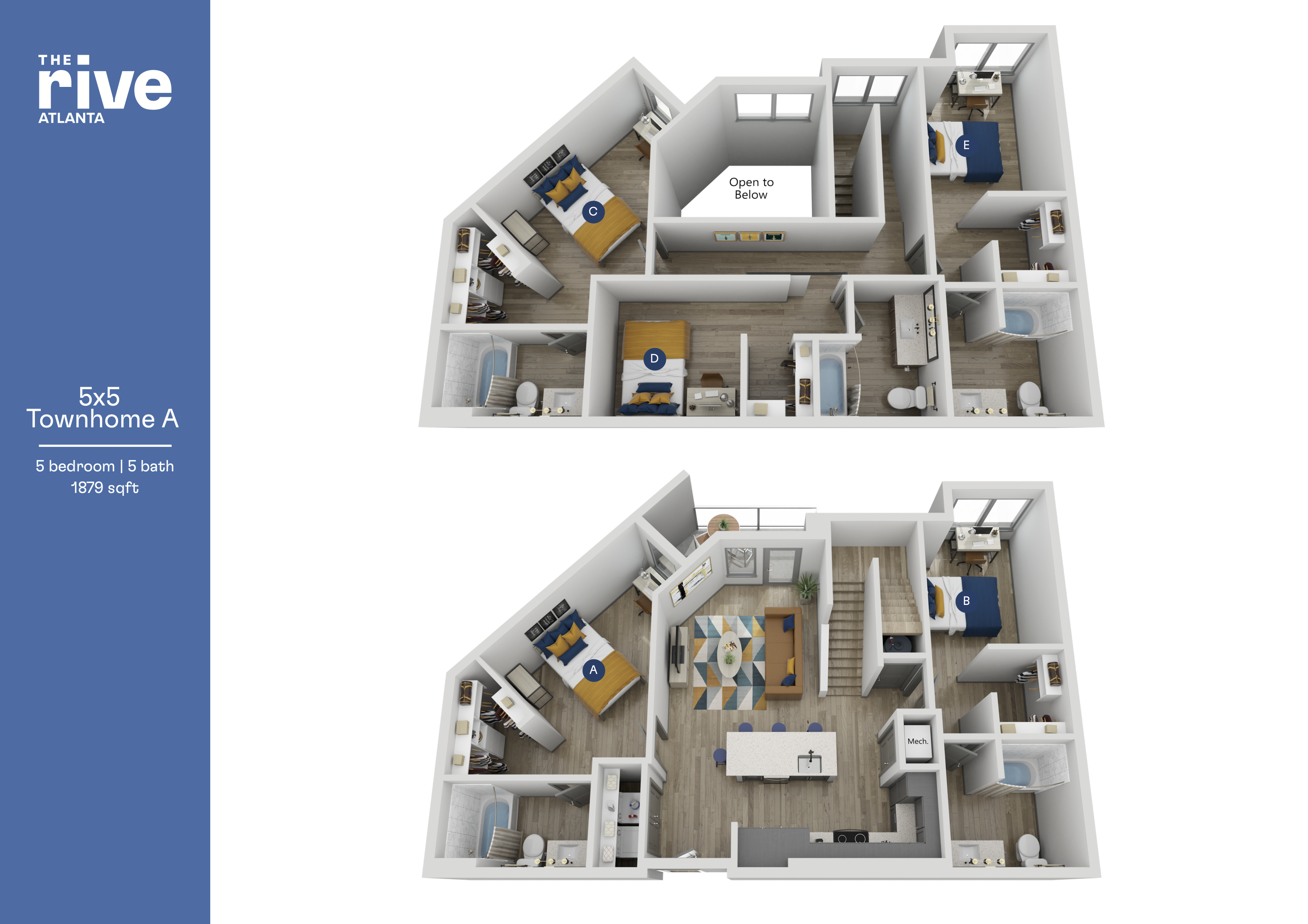 Upscale 3D floor plan of The Rive Atlanta Townhome A featuring 5 bedrooms, 5 bathrooms, and an open-concept living space spanning 1879 sq ft.