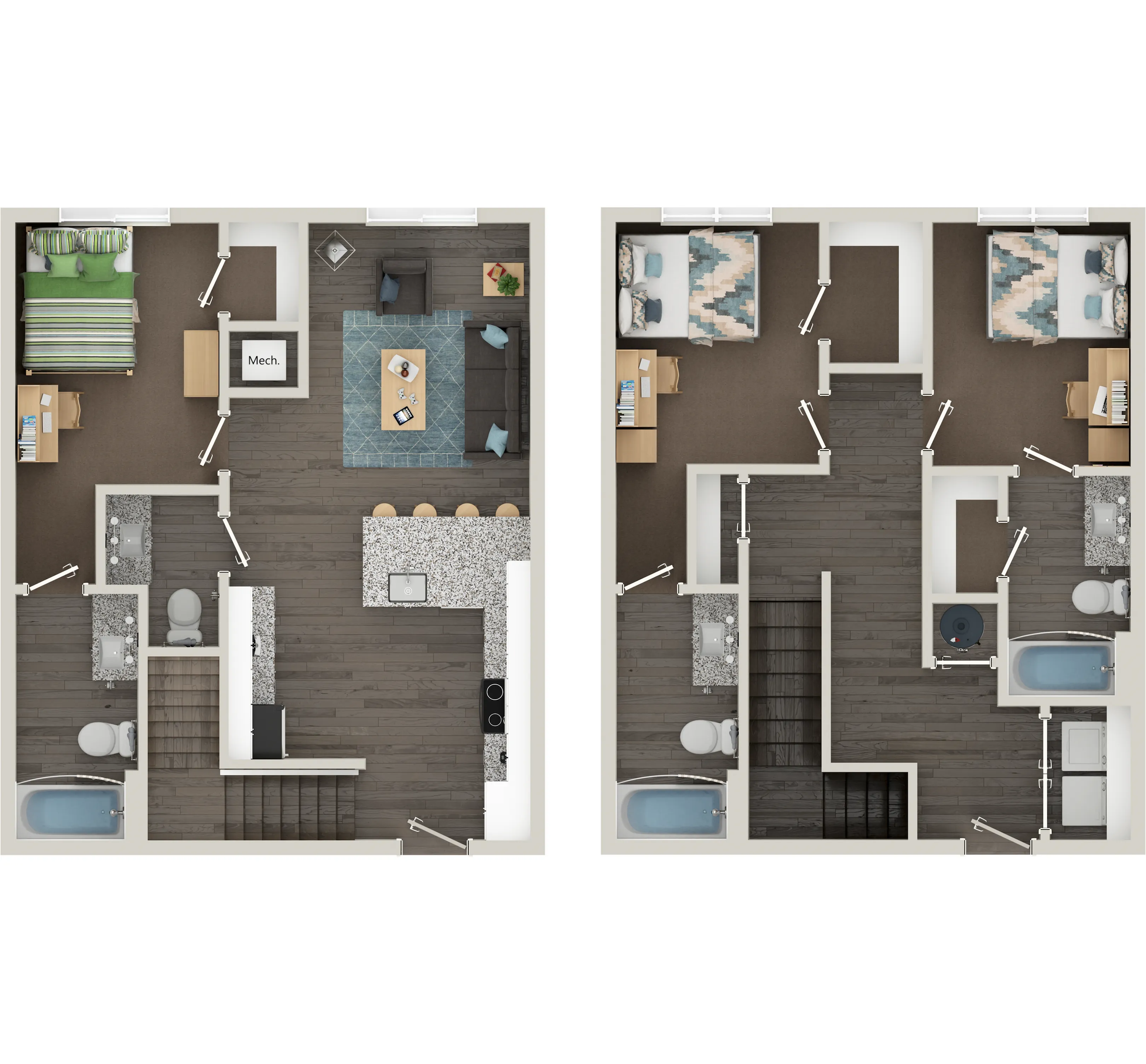 Modern two-level floor plan featuring three bedrooms, open-concept living area, cozy kitchen with island seating, and stylish bathrooms.