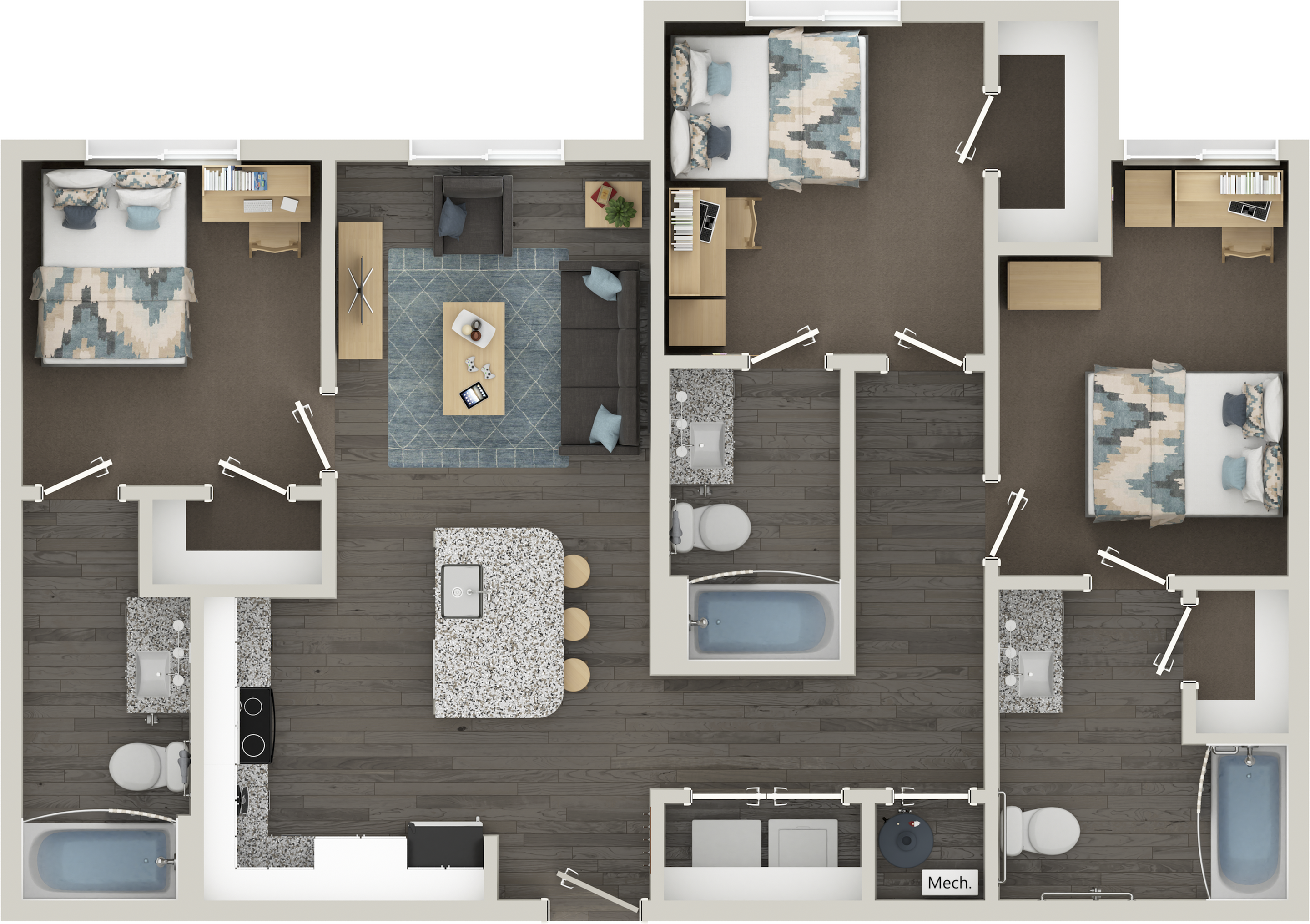 Modern floor plan showcasing 3 bedrooms, open living area, stylish kitchen with island, and two full bathrooms.