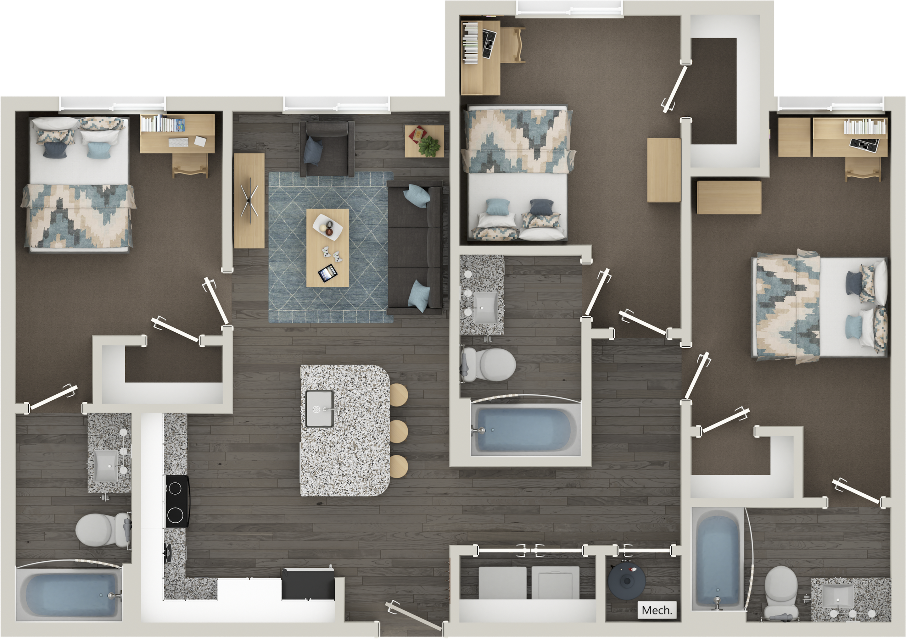 Modern floor plan showcasing 3 bedrooms with elegant decor, open-concept living room, and a stylish kitchen island.