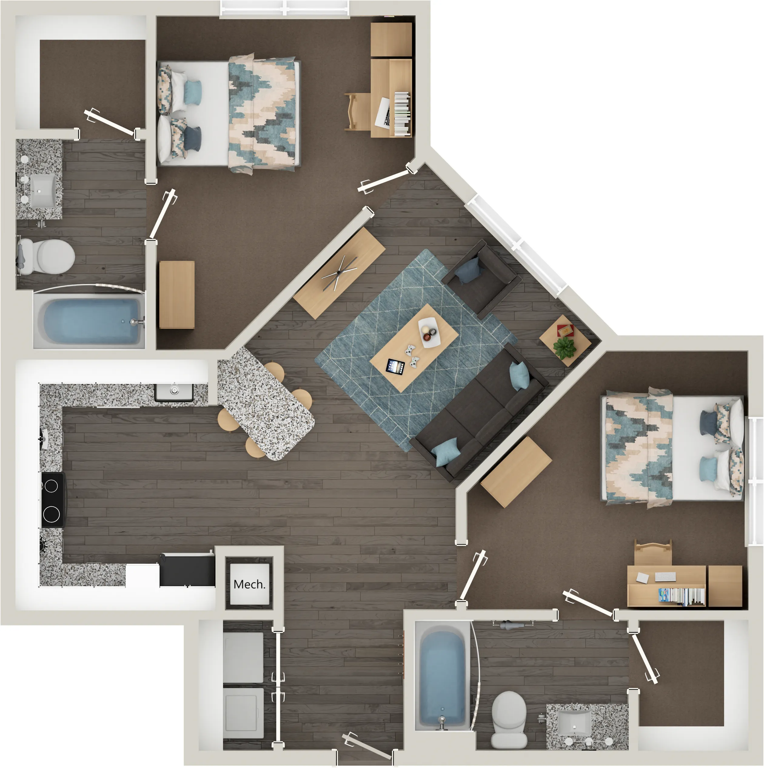 Modern floor plan featuring two elegant bedrooms, a cozy open-concept living area, and a sleek kitchen with a breakfast bar.