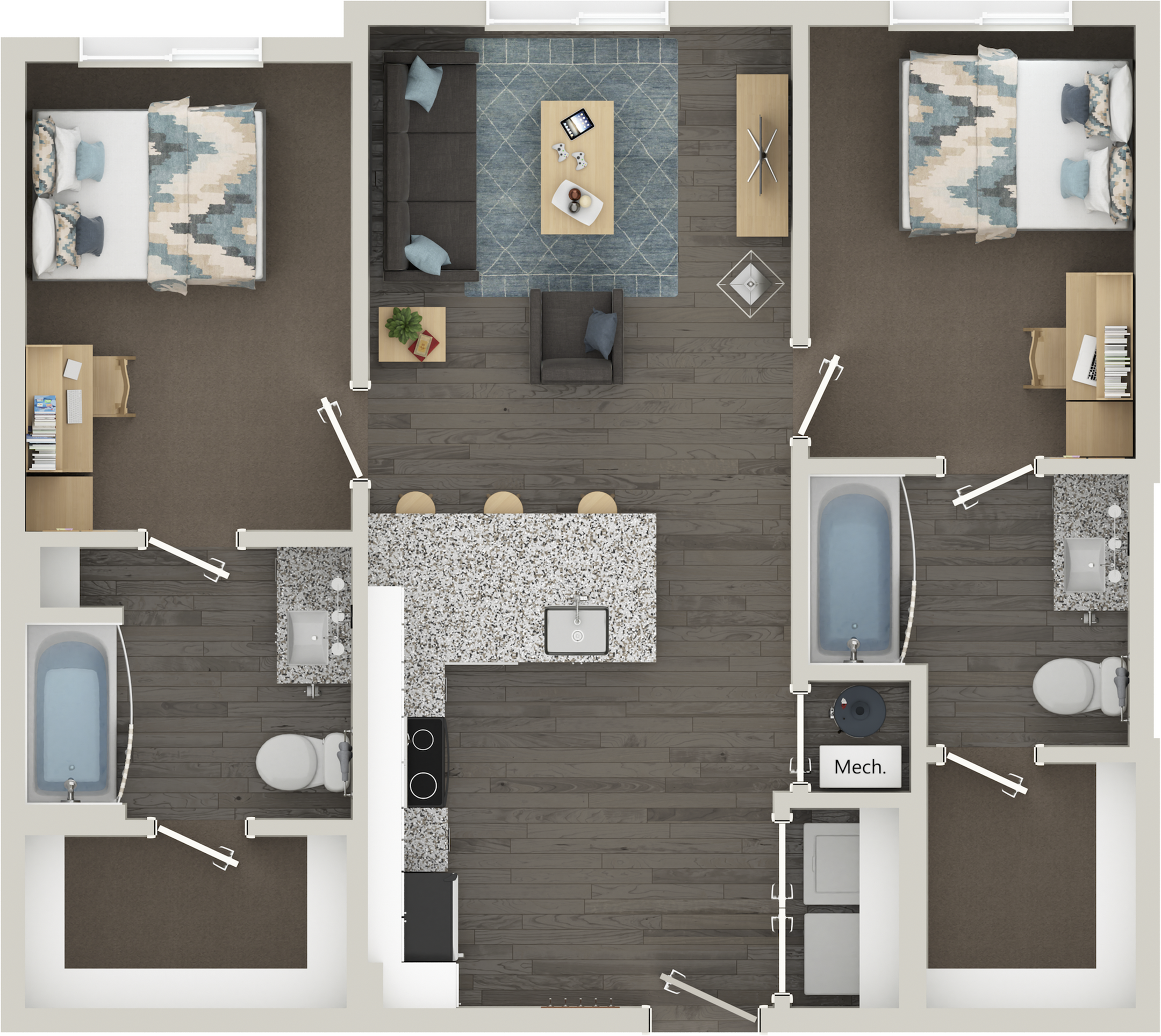 Modern 2D floor plan showcasing 2 bedrooms, stylish living room, sleek kitchen with island, and two elegant bathrooms, perfect for comfortable living.