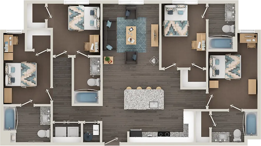 Modern floor plan showcasing 4 bedrooms, 2 bathrooms, with an elegant living area and stylish open kitchen with island seating.