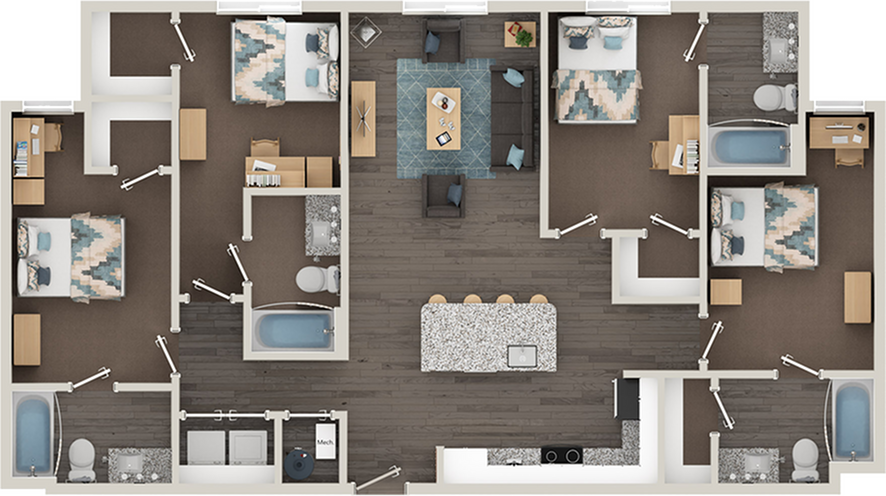 Modern floor plan displaying 4 bedrooms, a spacious open-concept living area, and a sleek kitchen island.