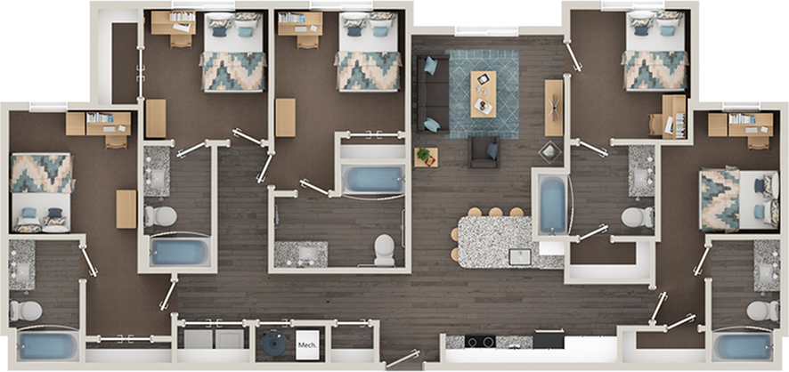 Modern floor plan featuring four bedrooms, open-concept living and dining area, sleek kitchen with island, and spacious bathrooms, optimized for comfort and style.
