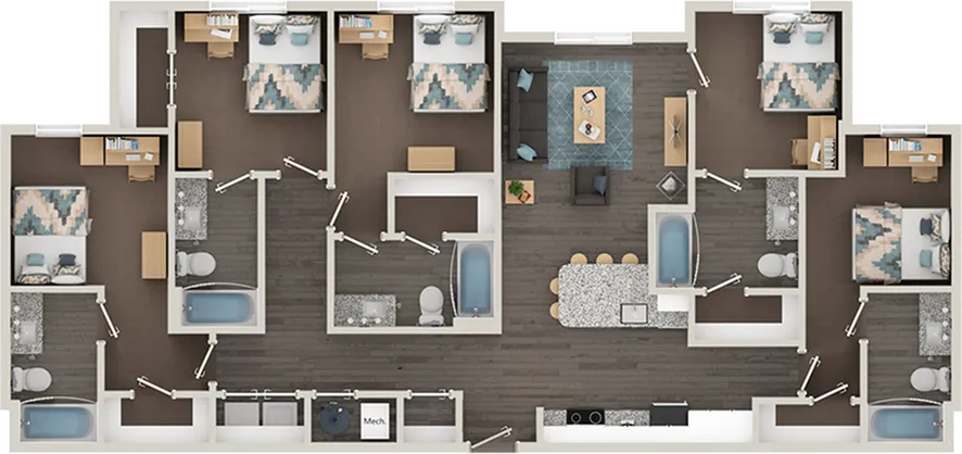 Luxurious apartment floor plan showcasing 6 bedrooms, modern amenities, and an inviting open living area.