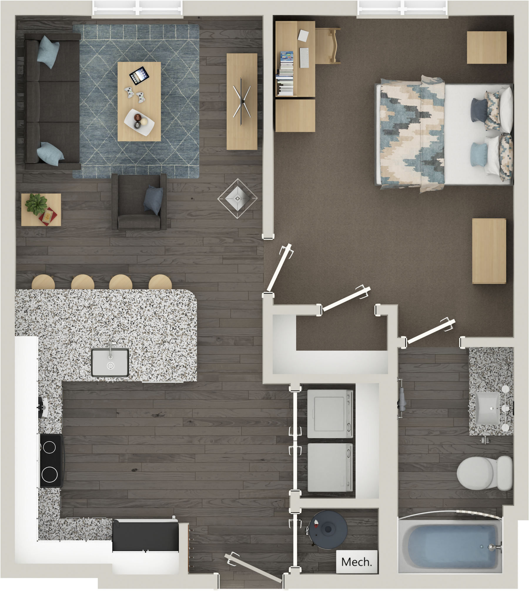 Modern apartment floor plan featuring an inviting open-concept living area, sleek kitchen with island seating, a cozy bedroom, and a well-appointed bathroom.