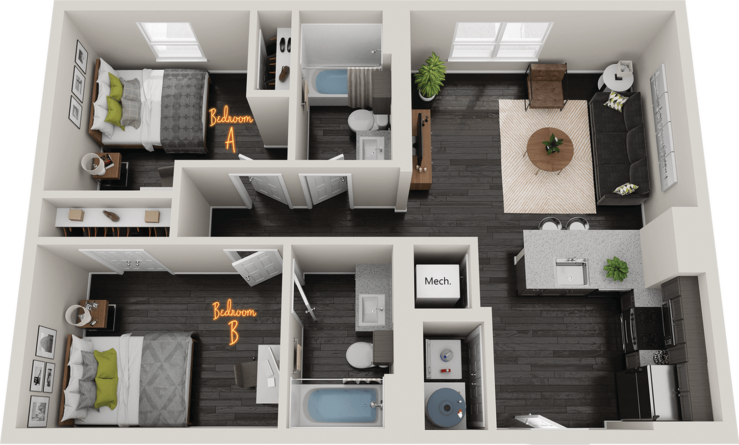 Modern 3D floor plan showcasing two bedrooms, two bathrooms, an open-concept living area, and a sleek kitchen, highlighting dark wood flooring and contemporary design elements.