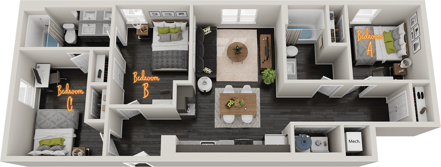 Modern 3D floor plan showcasing three bedrooms, open living and dining area, sleek kitchen, and two stylish bathrooms.