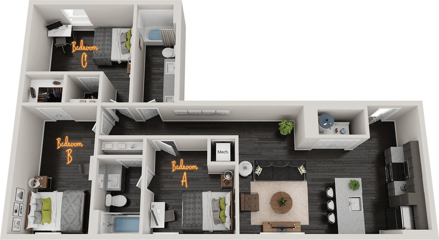 Chic 3D floor plan showcasing three bedrooms, modern open-concept living room, and sleek kitchen area.