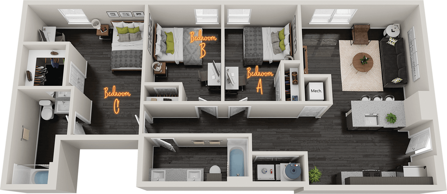 Modern 3-bedroom apartment floor plan featuring a cozy living room, open kitchen with breakfast bar, and stylish design.