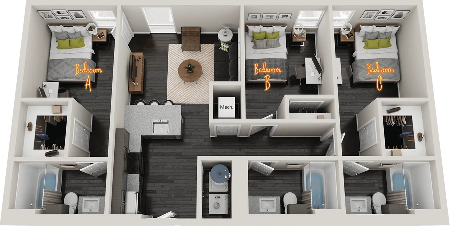 Contemporary floor plan showcasing 3 bedrooms, open-concept living area, modern kitchen, and two sleek bathrooms.