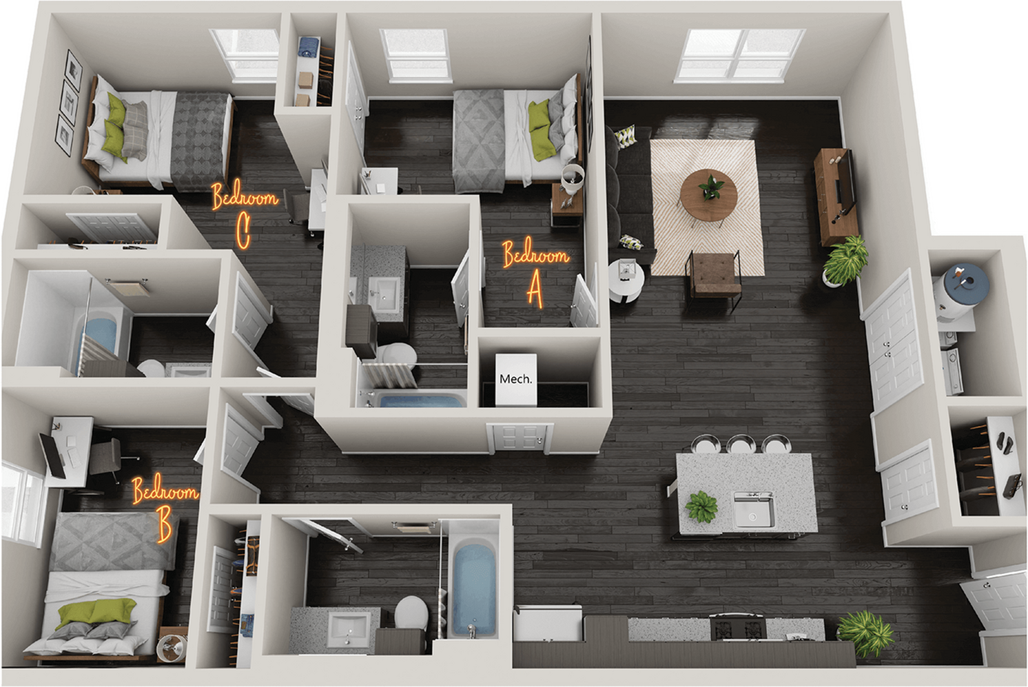 Elegant 3D floor plan showcasing 3 bedrooms, a stylish open living area, modern kitchen with island, and two bathrooms.
