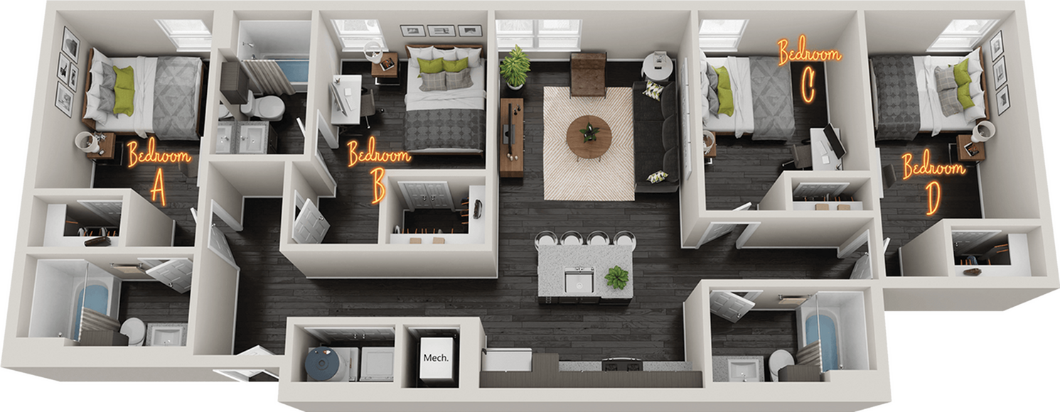 Chic 3D floor plan showcasing four cozy bedrooms, an inviting living area, modern kitchen, and elegant bathrooms.