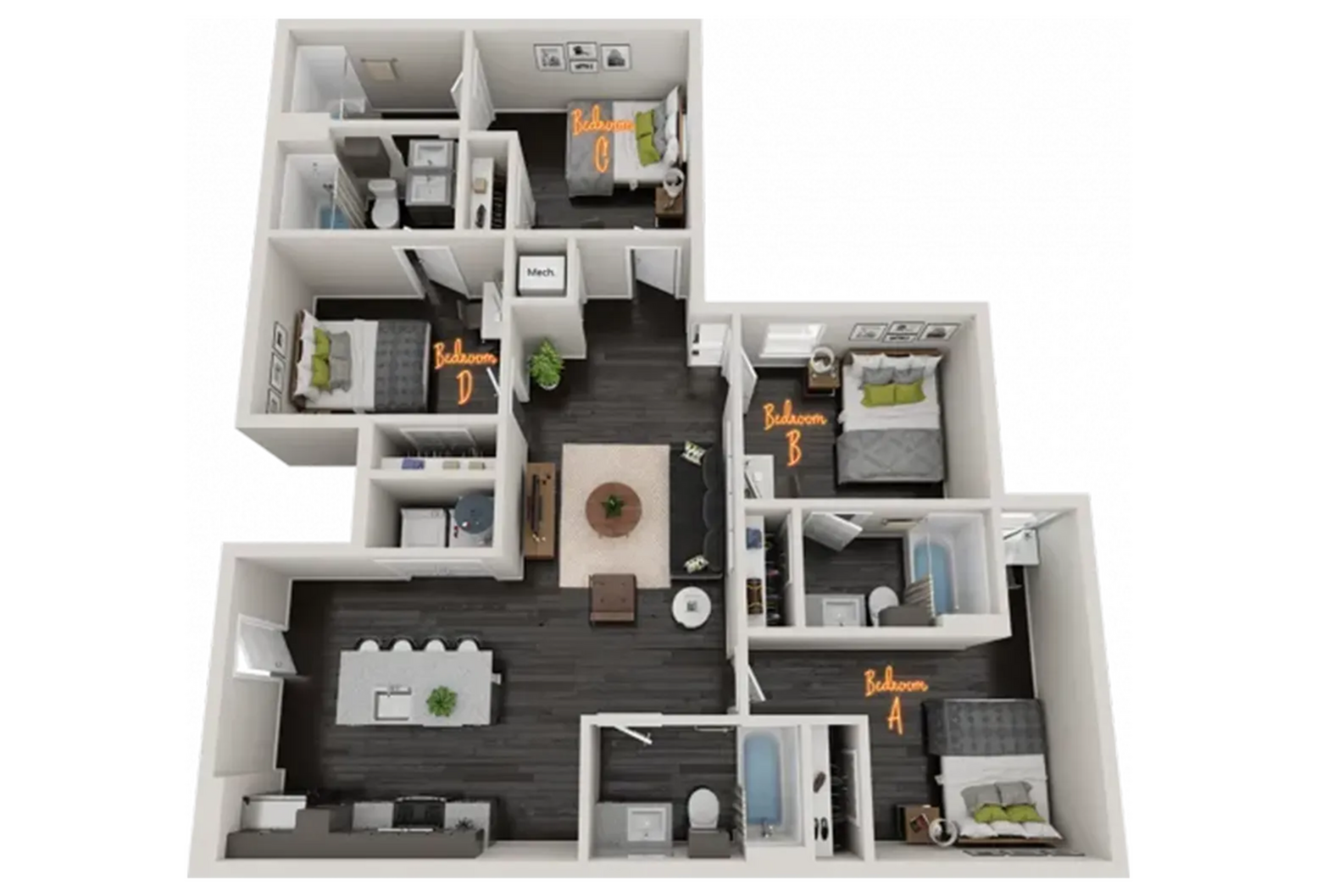 Modern 3D floor plan featuring 4 bedrooms, sleek open-concept kitchen, and welcoming living area with stylish furnishings.