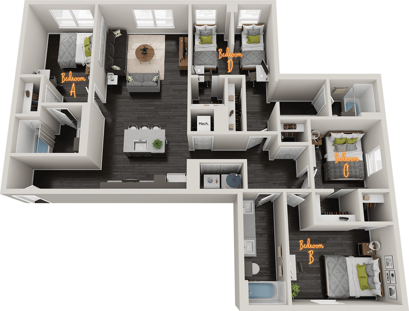 Modern 3D floor plan showcasing a spacious apartment with four bedrooms, open living area, sleek kitchen island, and elegant dark wood flooring.