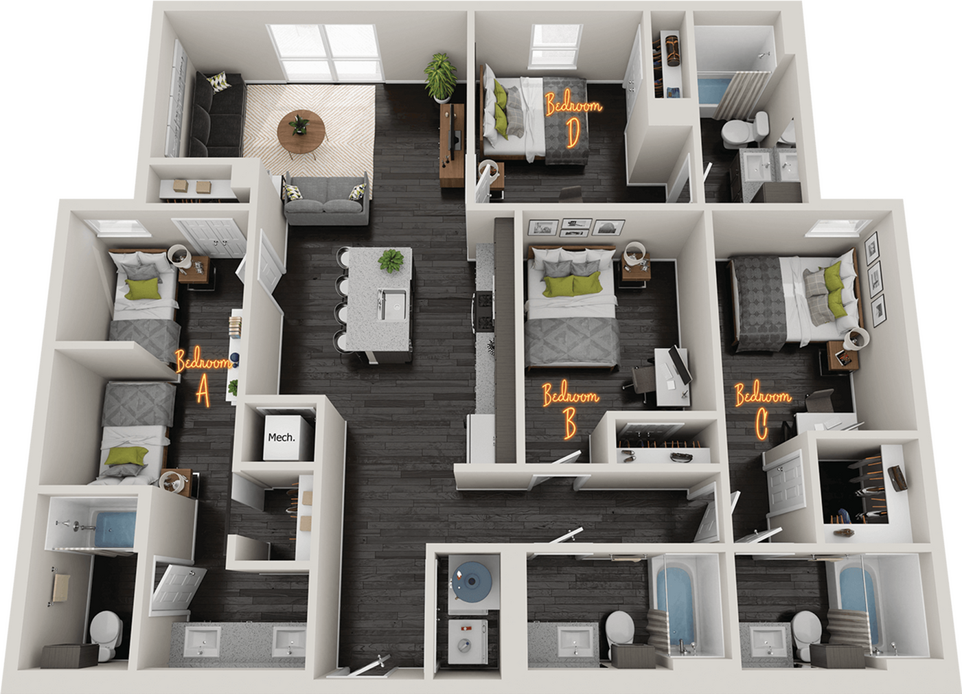 Elegant 3D floor plan showcasing 4 bedrooms, an inviting open kitchen with an island, and a cozy living area with natural lighting.