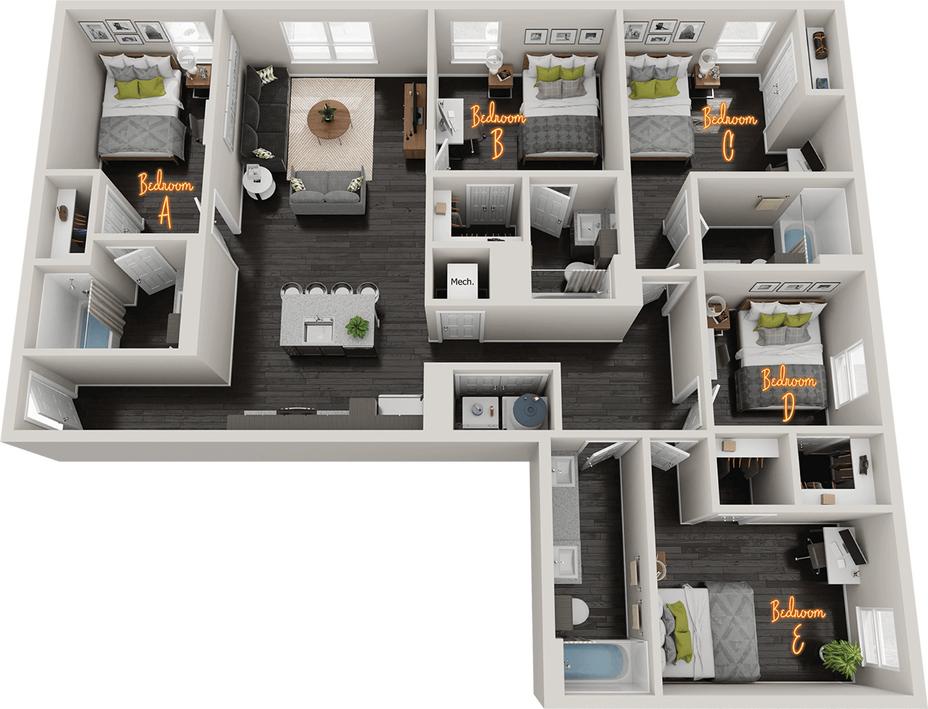 Modern 3D floor plan showcasing 5 spacious bedrooms, an inviting open-concept living area, and a sleek kitchen design.