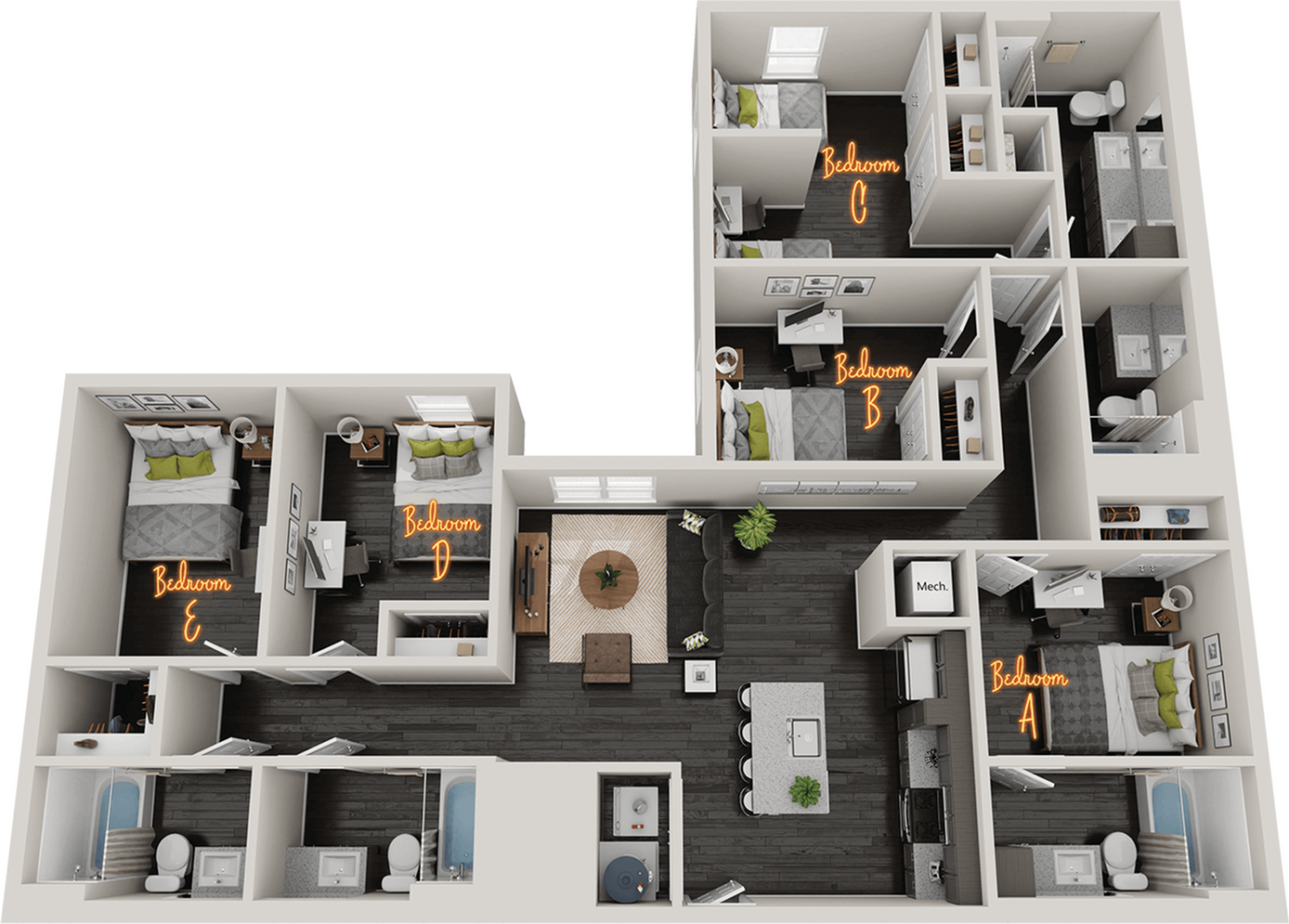 Chic 3D floor plan showcasing five spacious bedrooms, modern open-plan living area with stylish furnishings, and fully equipped kitchen, perfect for contemporary living.