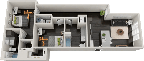 Modern floor plan with 2 cozy bedrooms, open-concept kitchen, spacious living area, and sleek bathrooms, ideal for stylish urban living.