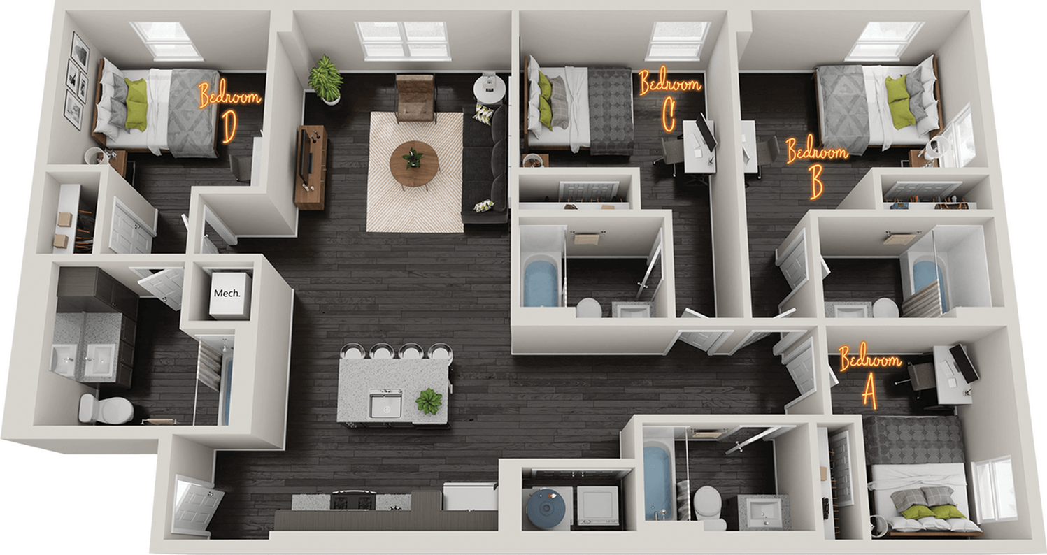Modern 3D floor plan showcasing four spacious bedrooms, a stylish open-concept living area, chic kitchen with island seating, and two elegant bathrooms, ideal for contemporary family living.