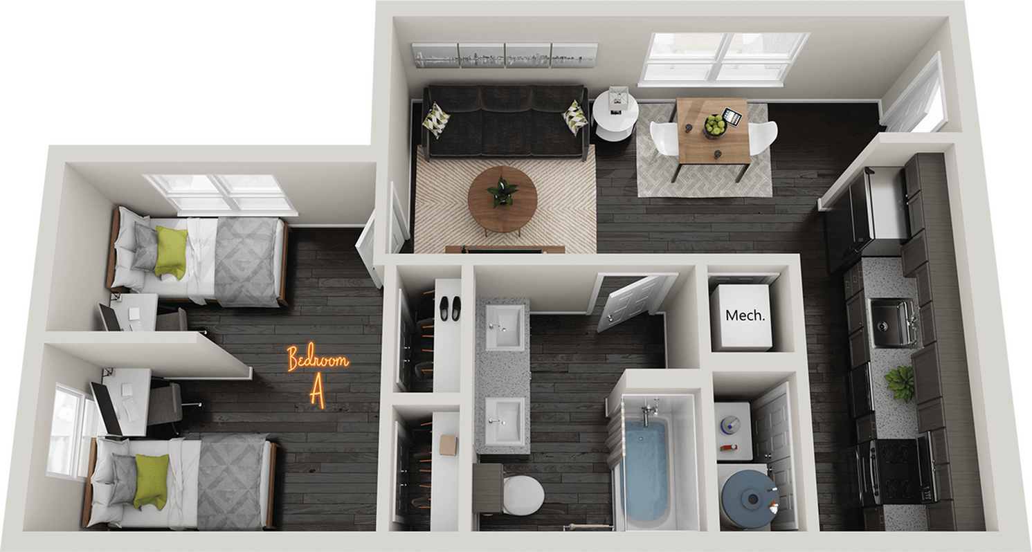 Charming 3D floor plan boasting two cozy bedrooms, a stylish living room, modern kitchen, and a sleek bathroom layout.