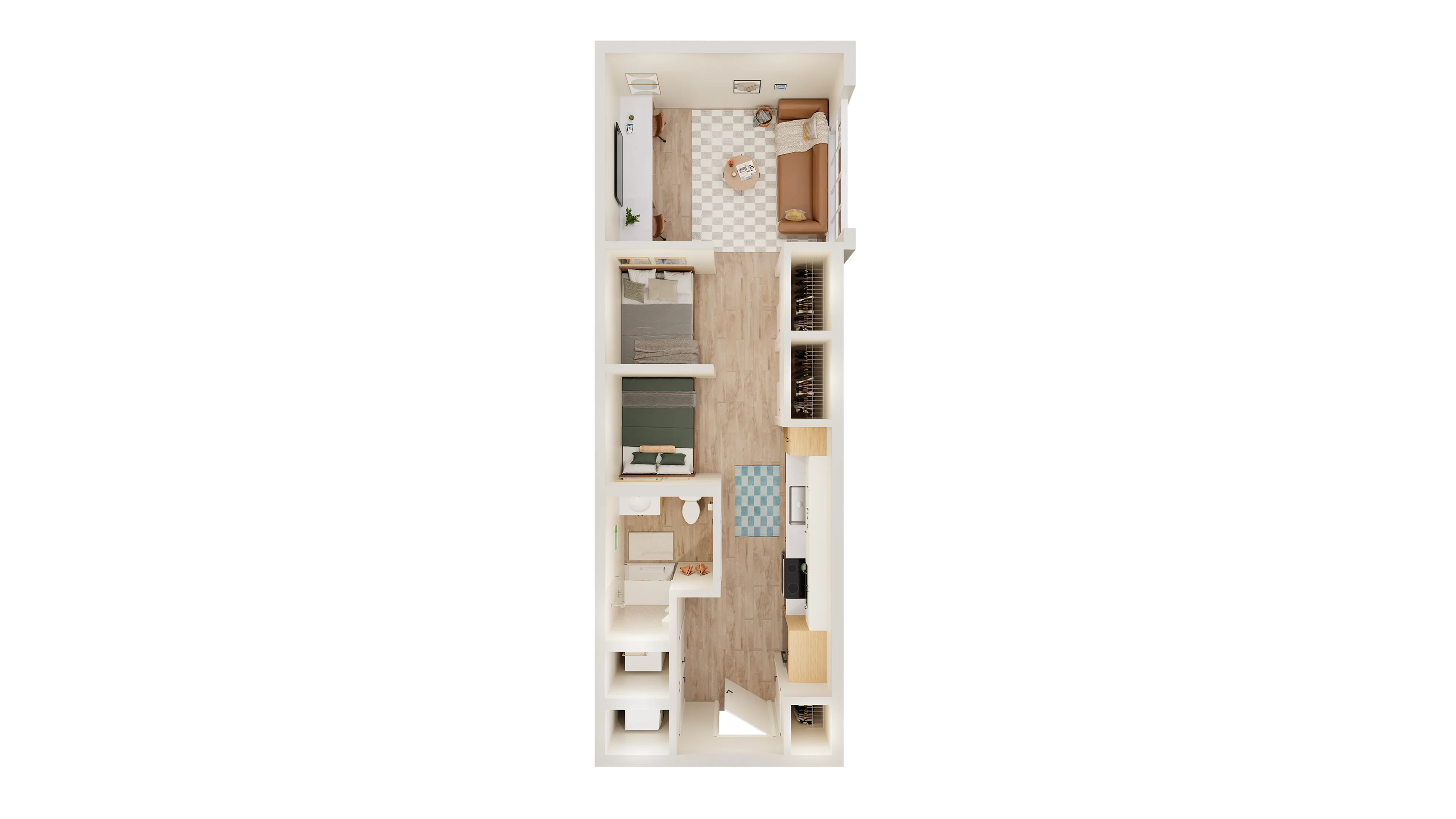 Modern narrow floor plan featuring two cozy bedrooms, open living area, chic kitchen, and stylish bathroom, perfect for urban living.