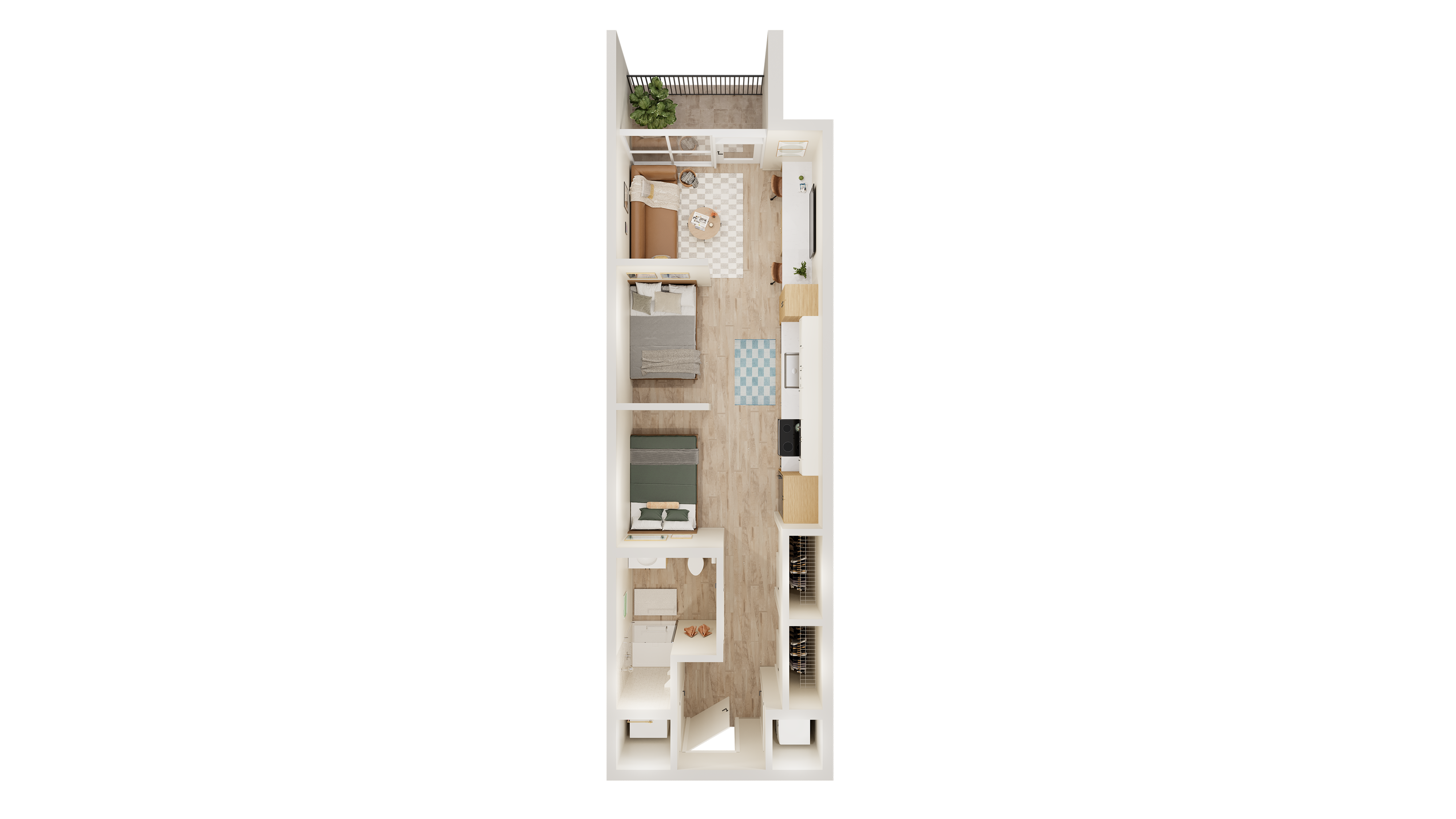 Elegant floor plan showcasing two cozy bedrooms, modern kitchen with counter seating, inviting living area, and private balcony.