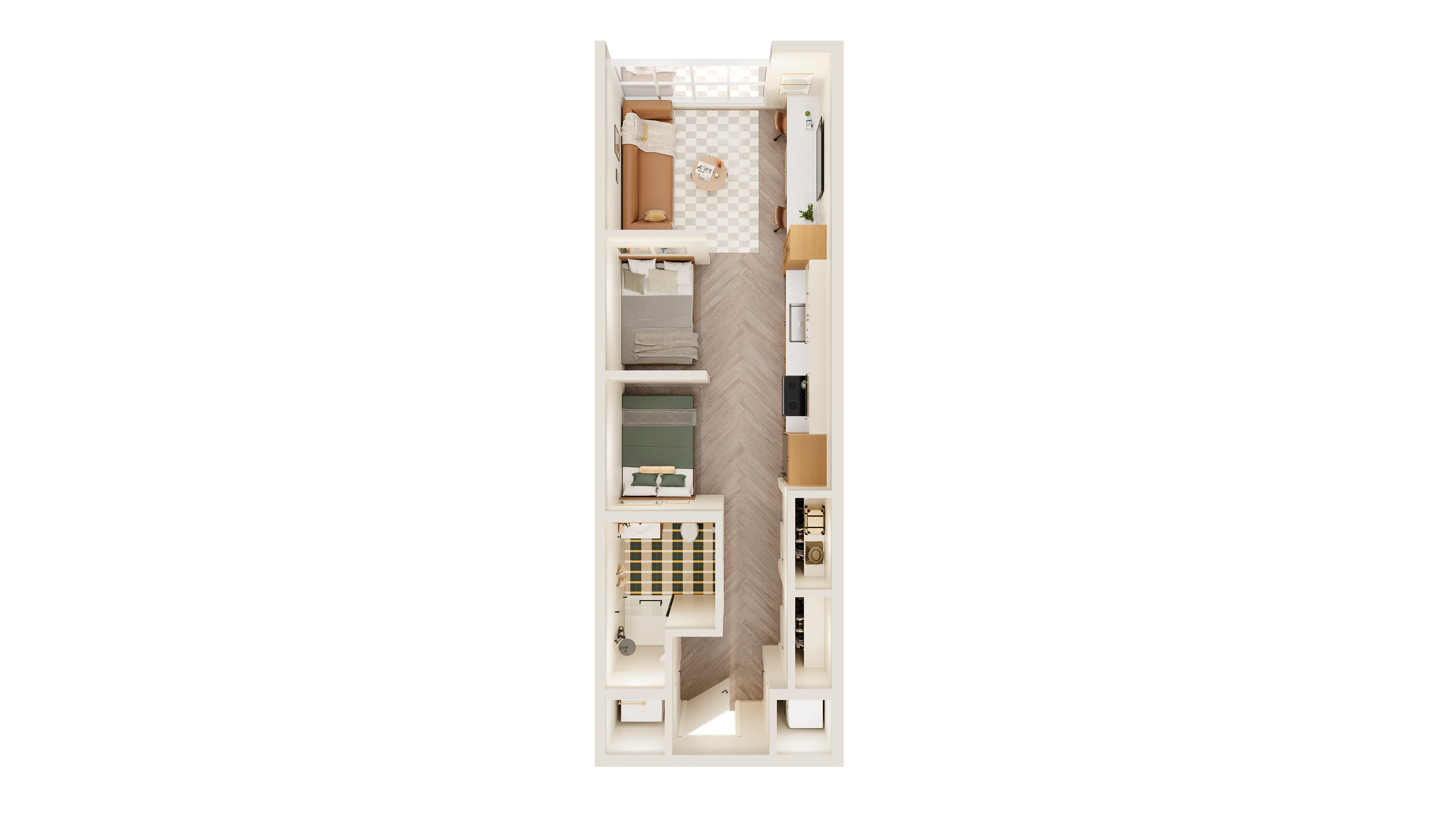 Chic apartment floor plan showcasing two cozy bedrooms, a modern bathroom, sleek kitchen, and an inviting living area.